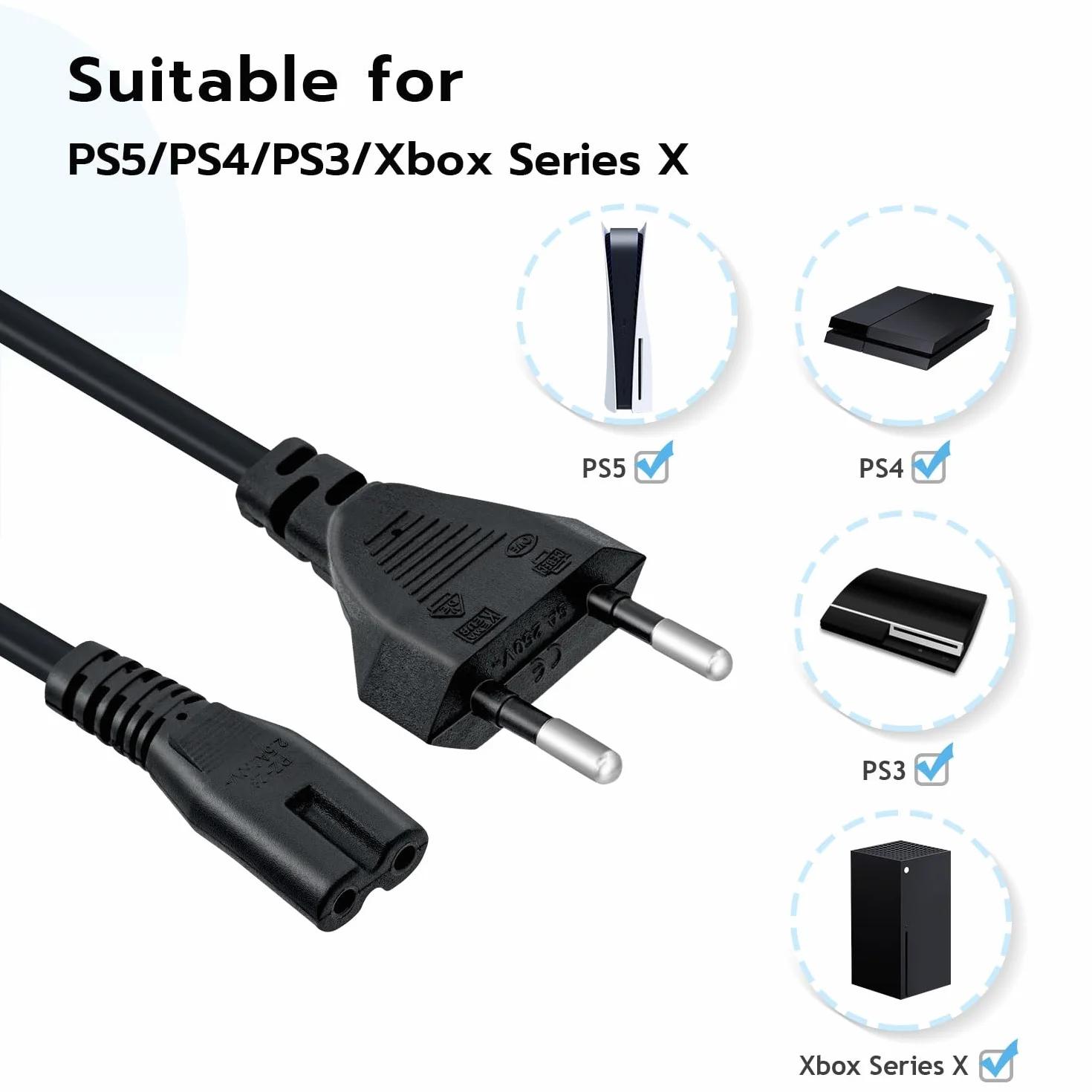 Mcbazel 1,5M EU Plug C7 Bipolar 2 Kabel zasilający do PS5 / PS4 / PS3 / Xbox Series X/S - Czarny