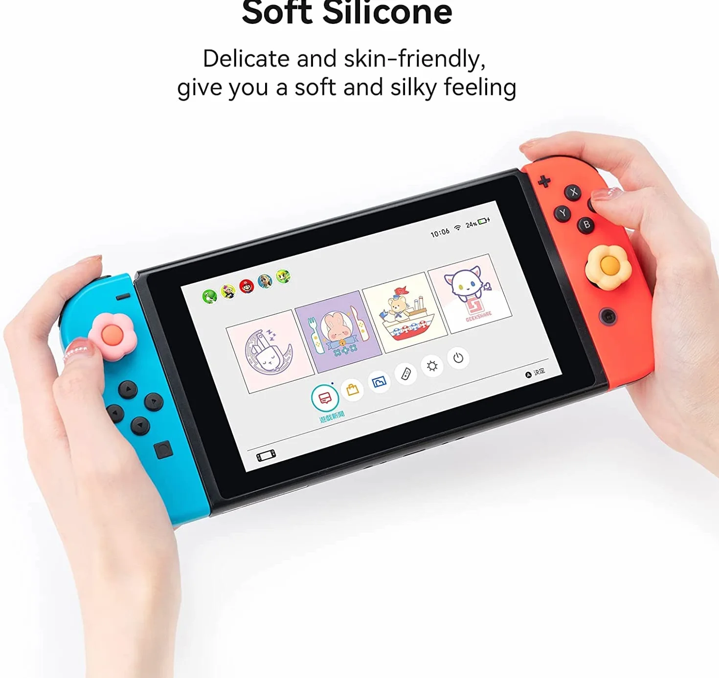 GeekShare Silikonowe nakładki na kciuki Joystick, osłona joysticka kompatybilna z Switch/OLED/Switch Lite, 4 szt. - serce i kwiat (różowy i żółty)