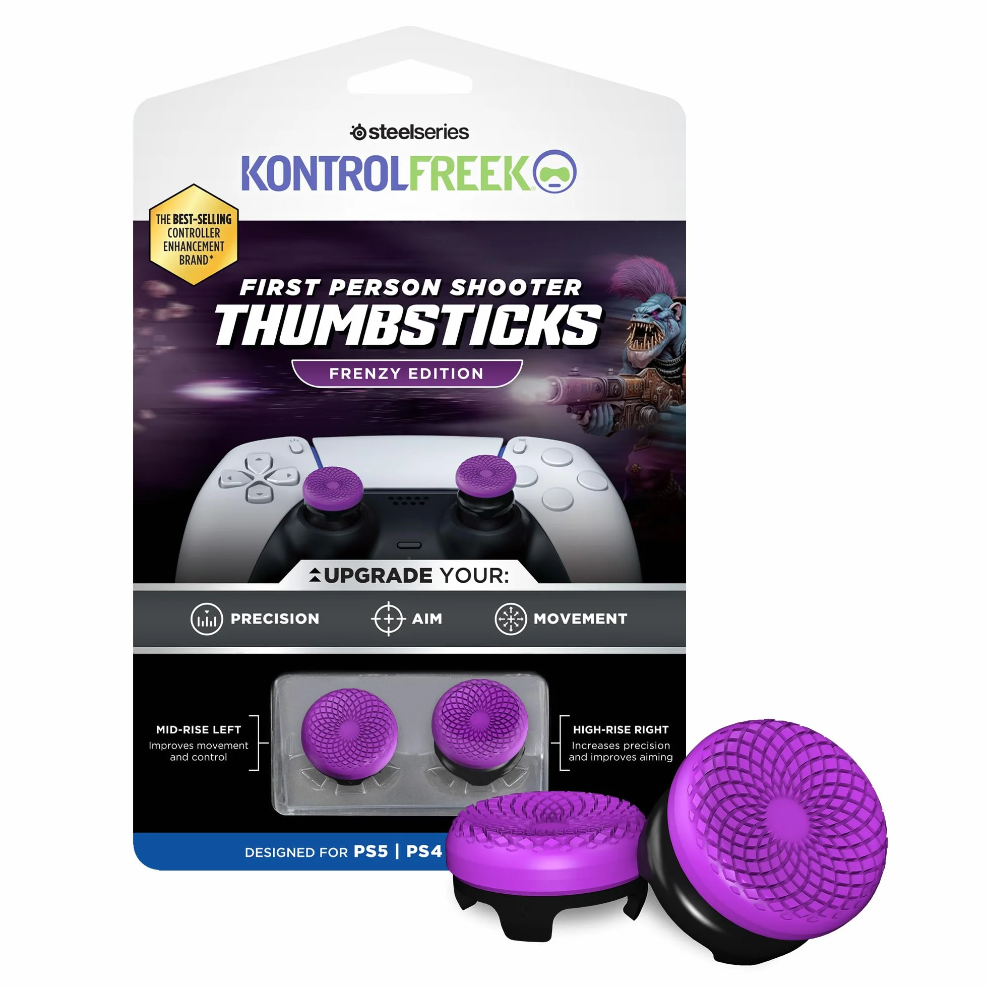 KontrolFreek FPS Freek Frenzy do Playstation 5, PS5 i Playstation 4, kontroler PS4, wydajne kciuki, 1 wysoki stan, 1 średni stan, fioletowy/czarny