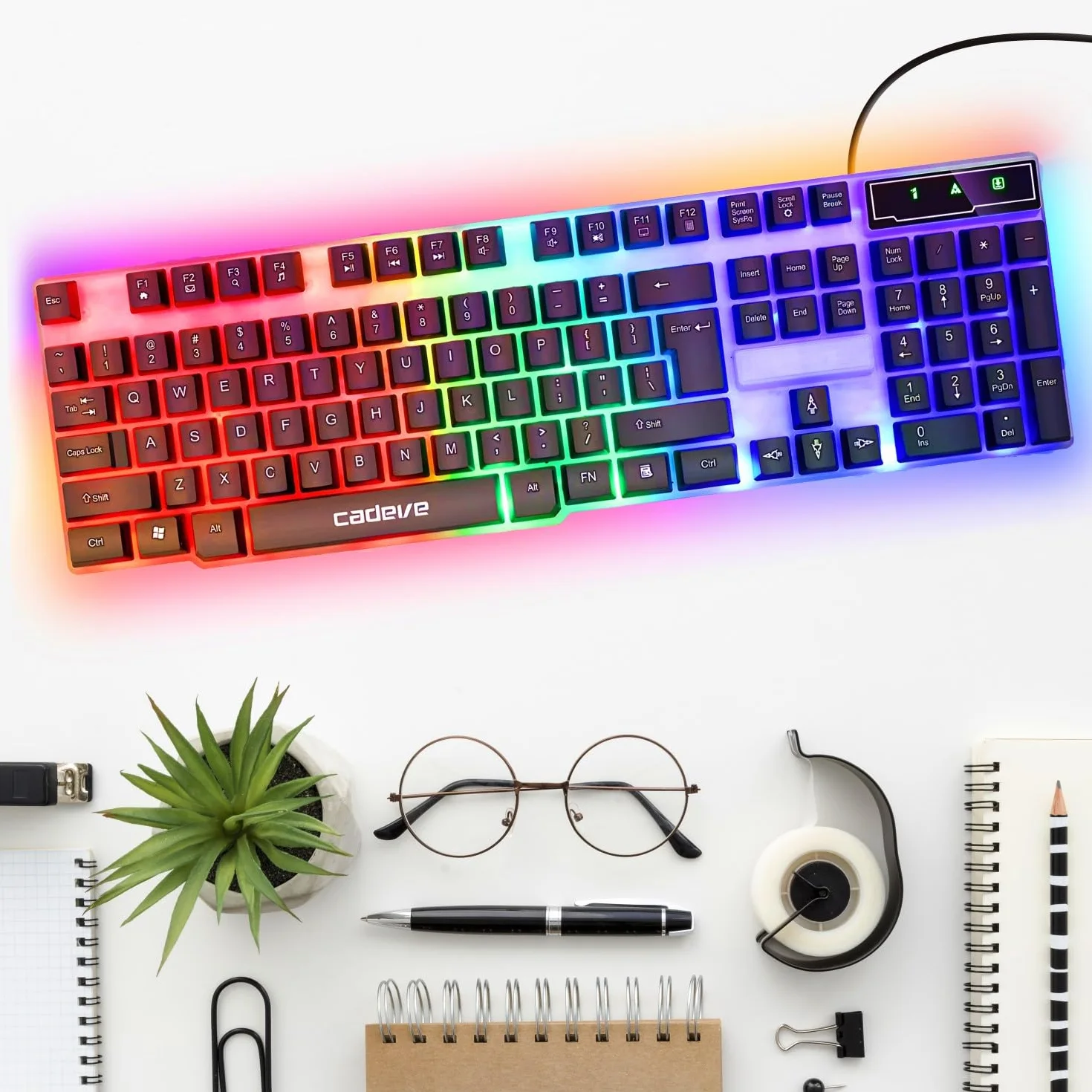 Retoo Klawiatura gamingowa z dynamiczną diodą RGB LED, trwała i ergonomiczna membrana QWERTY do komputera, precyzyjne i słyszalne przyciski multimedialne, do gier, 43,5 x 14,5 x 2,5 cm