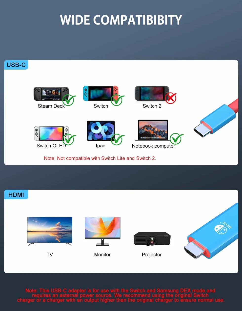 2026 USB C to HDMI Cable Adapter for Nintendo Switch 2, 4K 60Hz HDMI 2.0, 100W Charging Port, TV Adapter Switch 2 Dock for Steam Deck,Nintendo 2 Accessories Switch OLED Docking Station Portable Travel