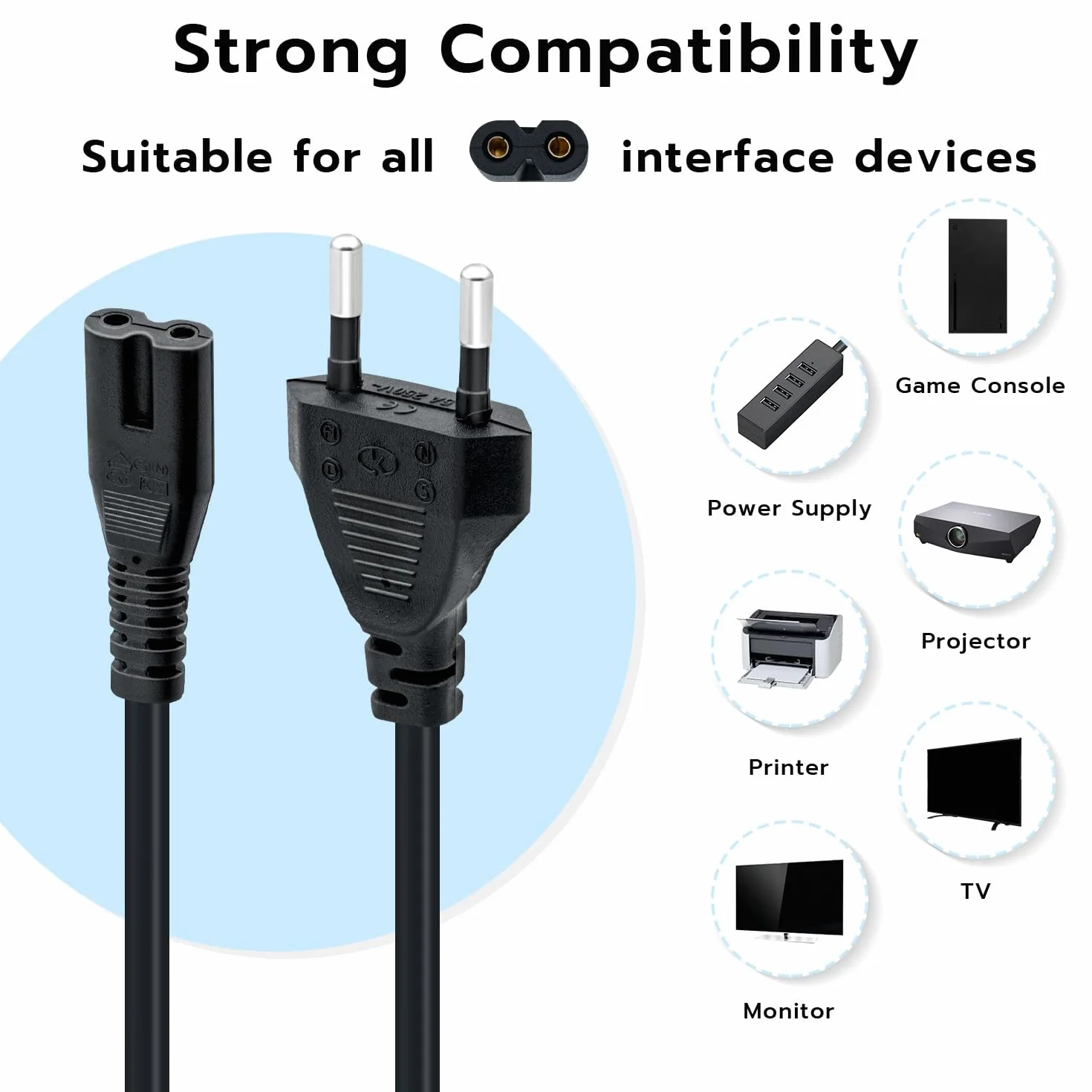 Mcbazel 1,5M EU Plug C7 Bipolar 2 Kabel zasilający do PS5 / PS4 / PS3 / Xbox Series X/S - Czarny