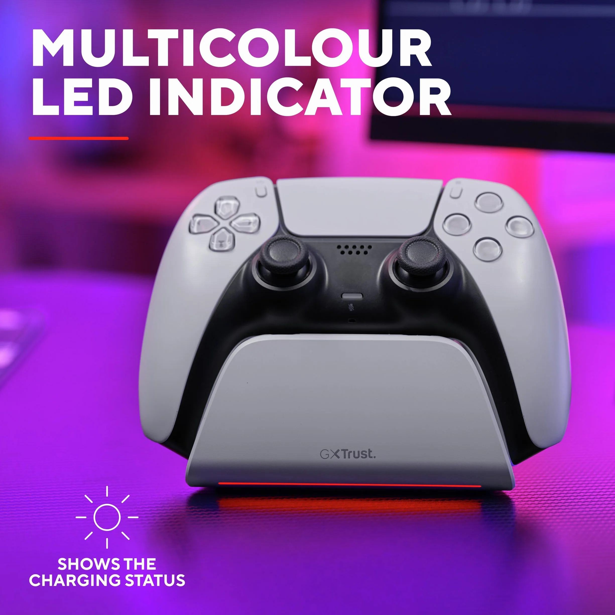 Trust GXT 255W PS5 stacja ładująca do kontrolera Dualsense, Playstation 5 LED z designerskim miejscem, szybkie ładowanie, antypoślizgowa podkładka, w zestawie kabel USB-C C, akcesoria PS5, biała
