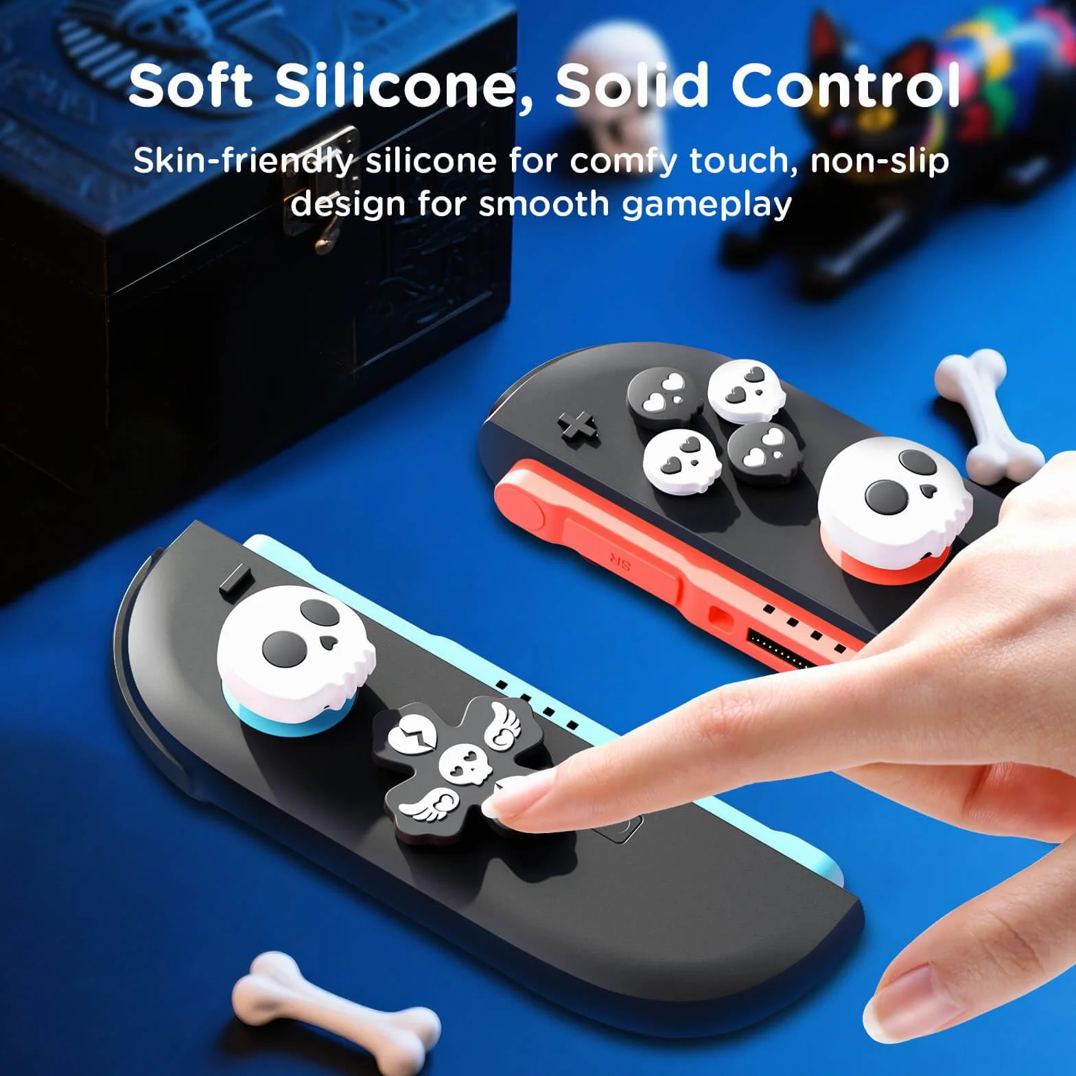 JEMDO Kształtki do joysticka Kompatybilne z Nintendo Switch 2 (2025) – zestaw 7 sztuk Skull Thumb Grips z silikonu, antypoślizgowe kształtki na smycz, przeznaczone do sterowania Joy-Con, kolor czarny