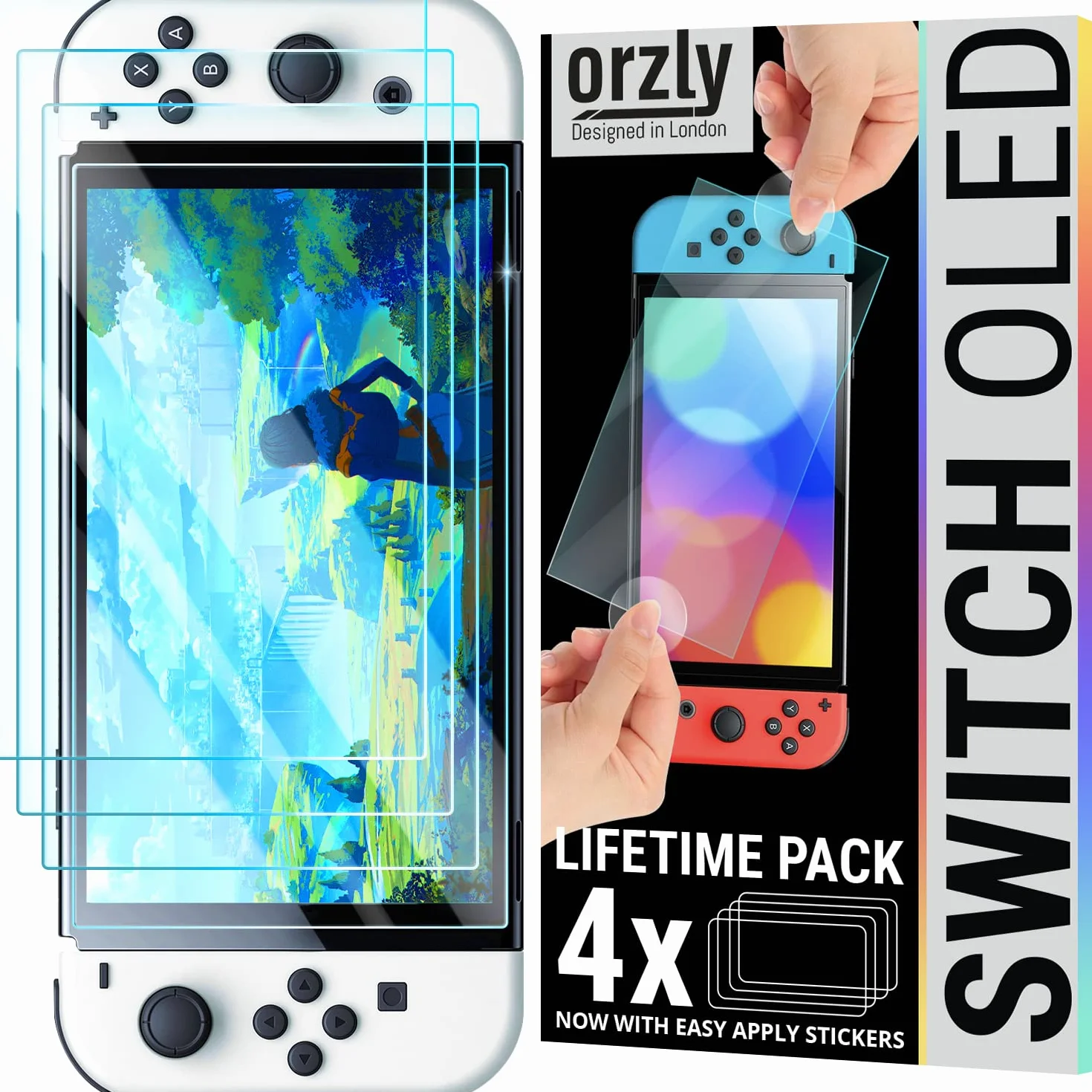 Orzly Zestaw ochraniaczy ekranu do konsoli Nintendo switch OLED model 2021-4-pakowe szkło hartowane z akcesoriami do łatwej instalacji Dożywotnia edycja