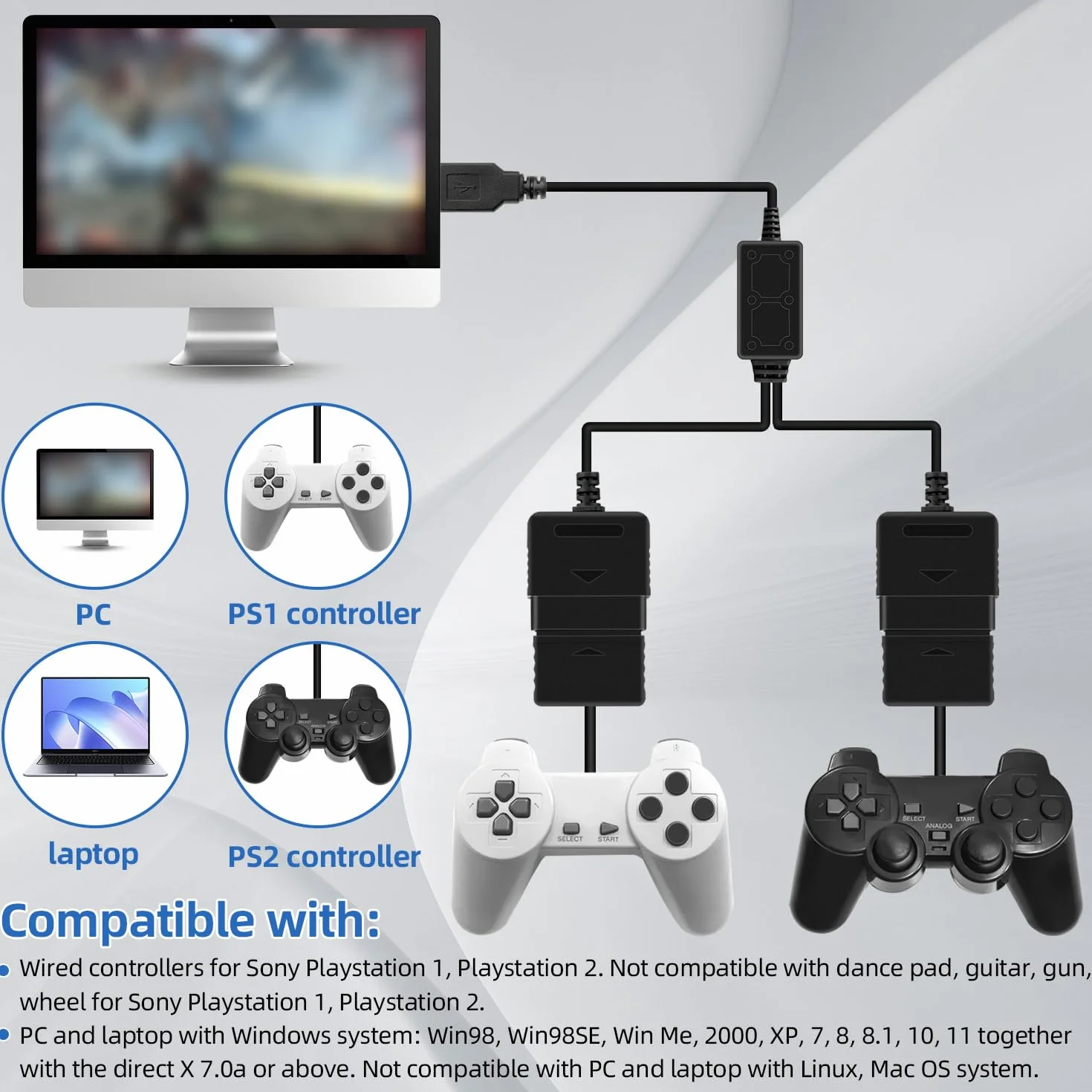 OSTENT Przejściówka USB, kabel przejściowy dla przewodowego kontrolera Sony PS1 PS2 Gamepad Joystick do PC - Kolor Czarny