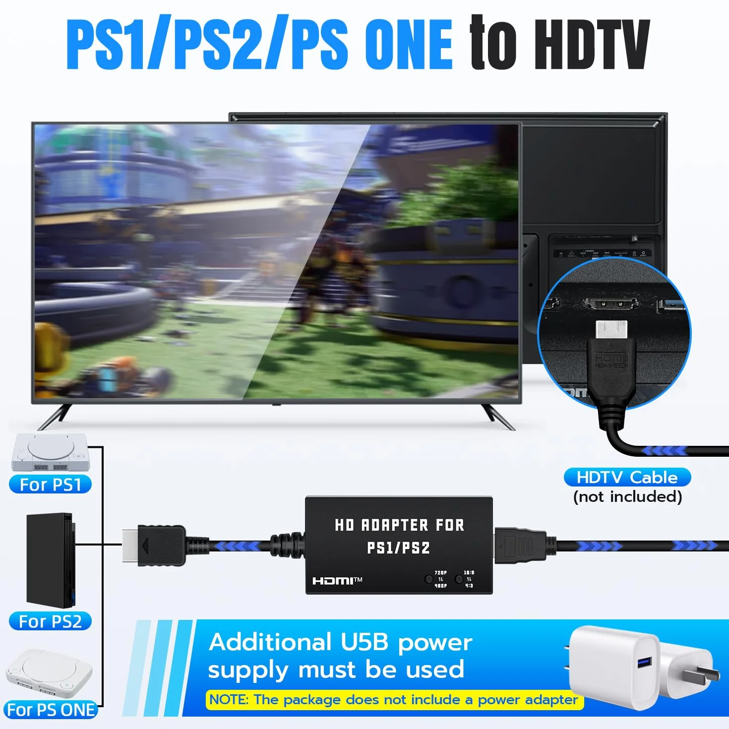 Mcbazel Adapter PS1/PS2 na HDMI, wielofunkcyjny adapter kabla HDTV HDMI do PS1/PS2/PS One