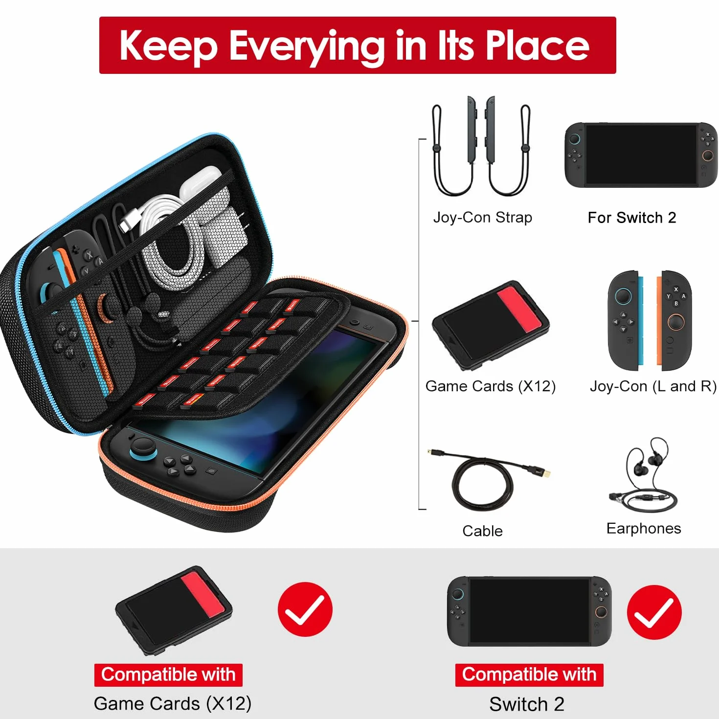 ivoler Torba kompatybilna z Nintendo Switch 2 model 2025, przenośna ochronna twarda obudowa, etui z miejscem na 12 gier i innymi akcesoriami (12 cali)