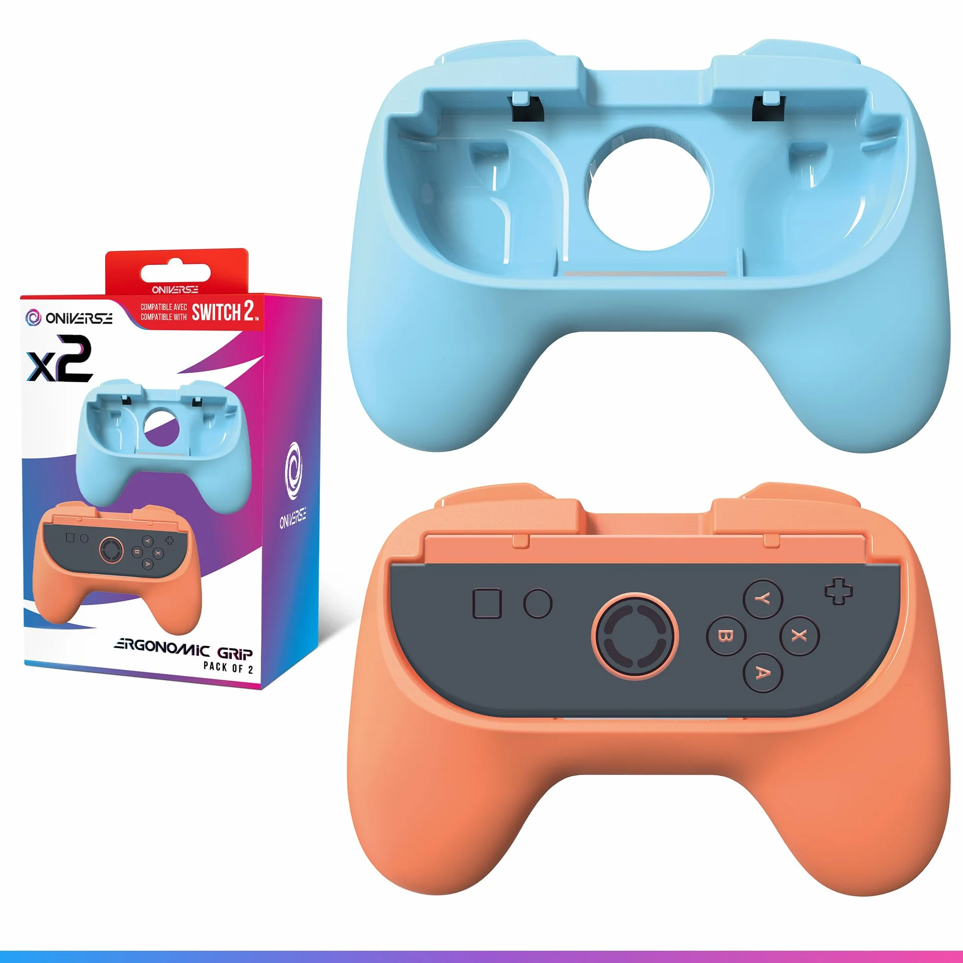 Oniverse Zestaw uchwytów kompatybilny z Nintendo Switch 2 – Zestaw 2 wygodnych gripów do Joy-Con, Akcesoria do Switch 2, ergonomiczne uchwyty, Pomarańczowy i Niebieski