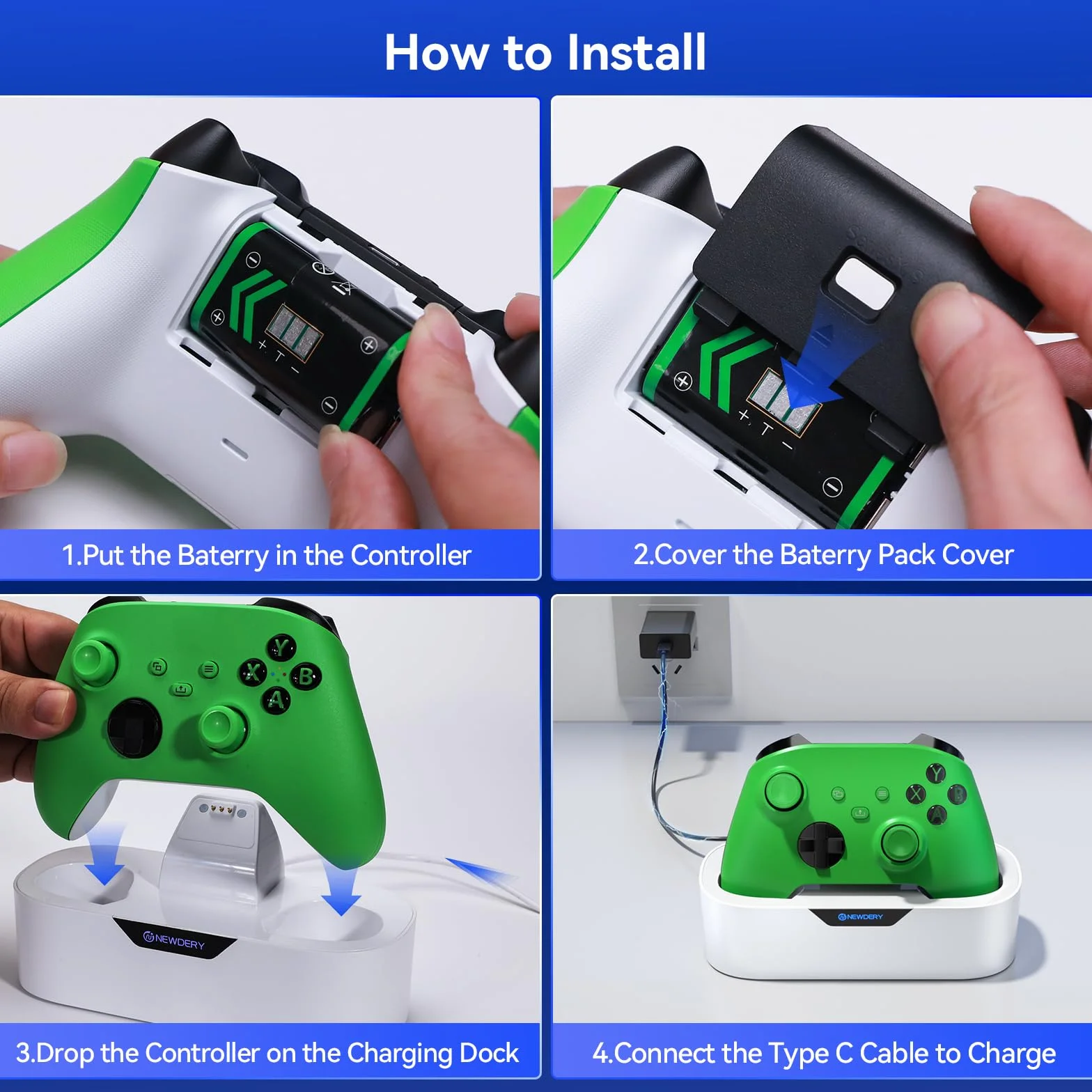 NEWDERY Pojedyncza stacja ładująca do kontrolera bezprzewodowego Xbox, pojemność akumulatora 5280 mAh, 4H szybkiego ładowania, funkcja przechowywania w domu, pasuje do kontrolera Xbox One/Series X|S