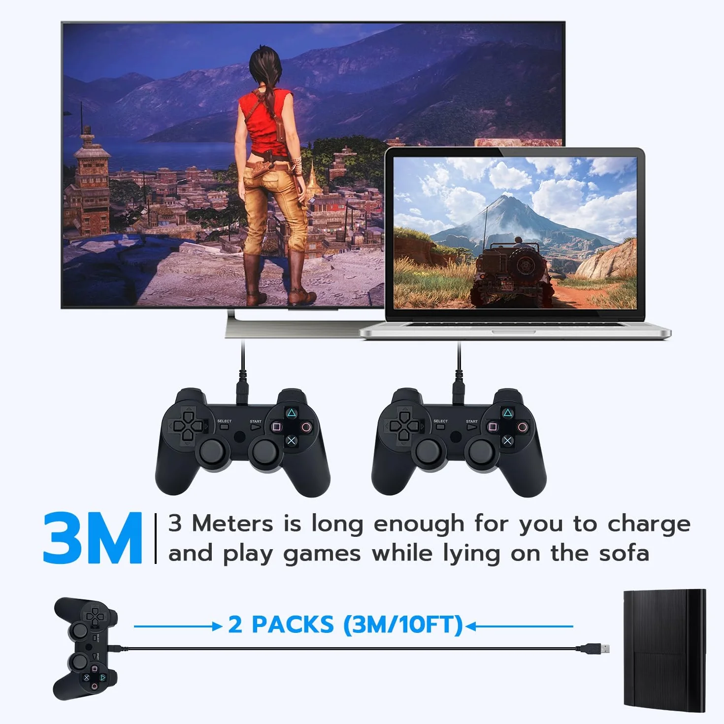 Mcbazel PS3 kabel do ładowania 2 szt. 3M PS3 kontroler kabel do ładowania mini USB do Sony PS3 / PS3 Slim/Dualshock 3 Controller