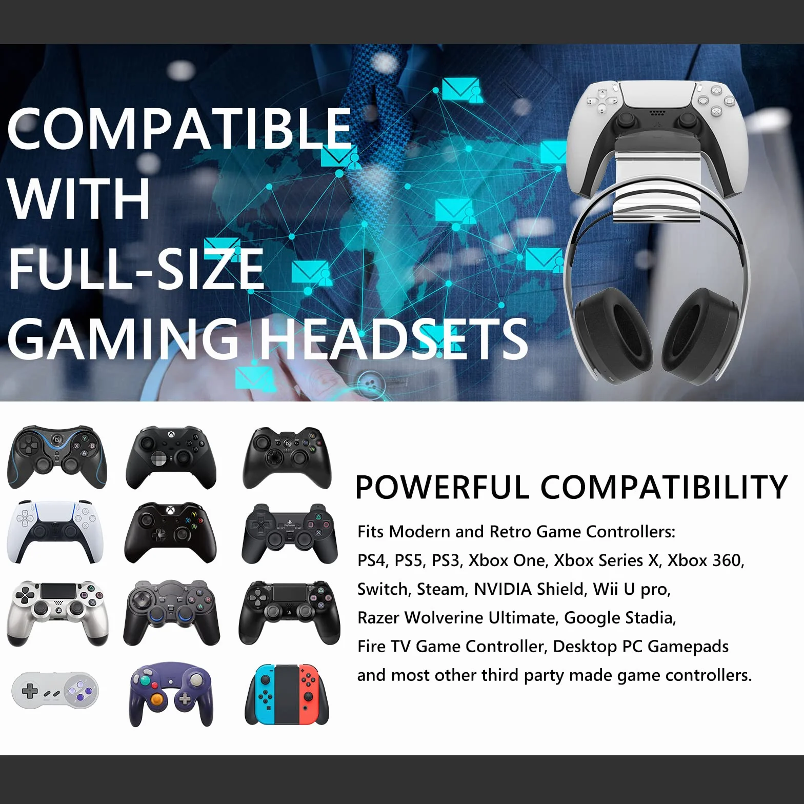 Geekria Uchwyt naścienny na Kontroler, Akrylowy Stojak na Słuchawki i Gamepad, Podwójny Hak Do Przechowywania, Wieszak na Słuchawki na Ścianę PS5/PS4/Xbox, Organizer oszczędzający miejsce