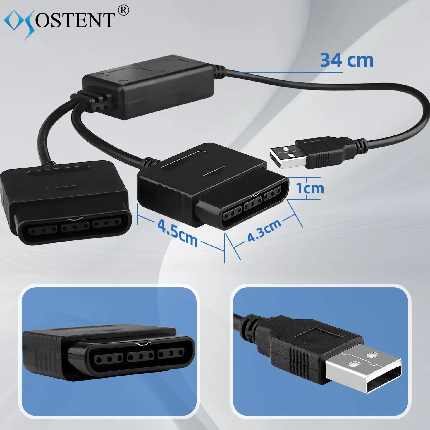 OSTENT Przejściówka USB, kabel przejściowy dla przewodowego kontrolera Sony PS1 PS2 Gamepad Joystick do PC - Kolor Czarny
