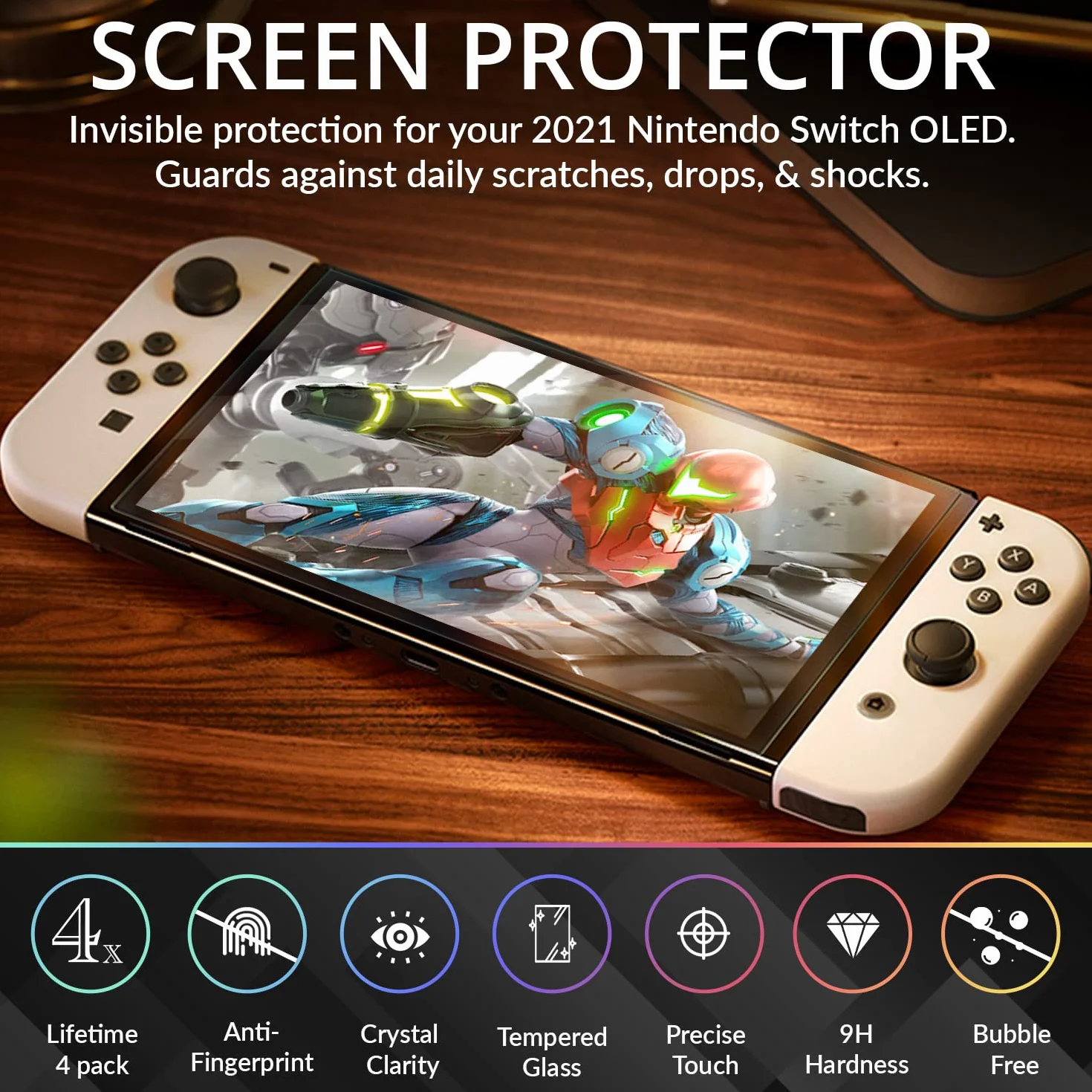 Orzly Zestaw ochraniaczy ekranu do konsoli Nintendo switch OLED model 2021-4-pakowe szkło hartowane z akcesoriami do łatwej instalacji Dożywotnia edycja