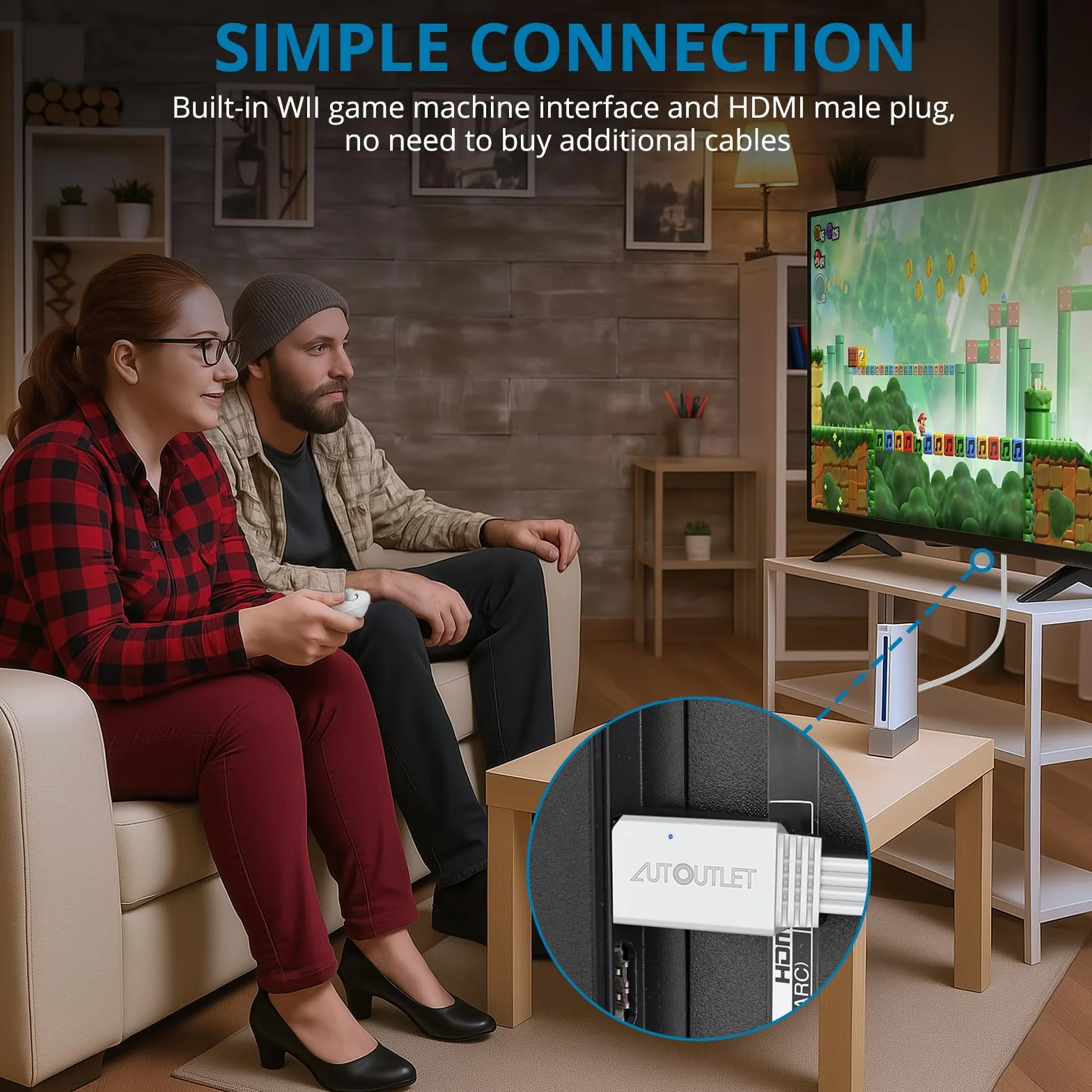 AUTOUTLET Adapter Wii do HDMI, 1080P/720P Konwerter Wii na HDMI, długość kabla 150 cm, obsługuje wszystkie tryby wyświetlania Wii, do telewizora HD i monitora, kolor biały