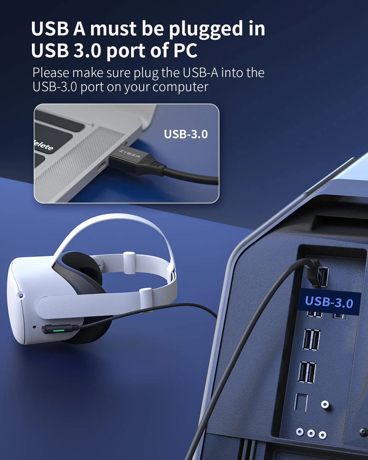 ZYBER Link Cable 5M do PICO 4/Oculus Quest 2, VR Headset Link Cable do Meta Quest Pro 2/1 Gaming PC, High Speed USB 3.0 do USB C Cable dla PC (czarny)