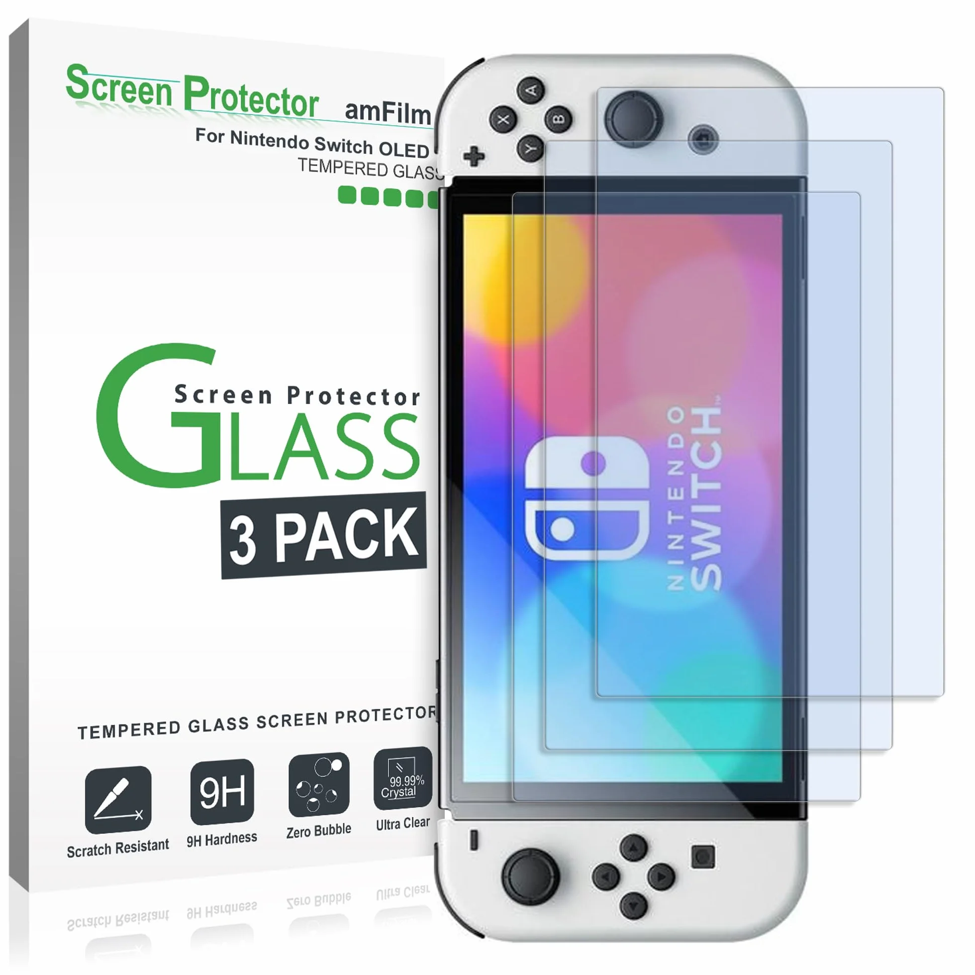 amFilm Ochraniacz ekranu 3 Sztuki do Nintendo Switch OLED Model 2021, amFilm Szkło Hartowane Ochraniacz Na Ekran do Nintendo Switch OLED