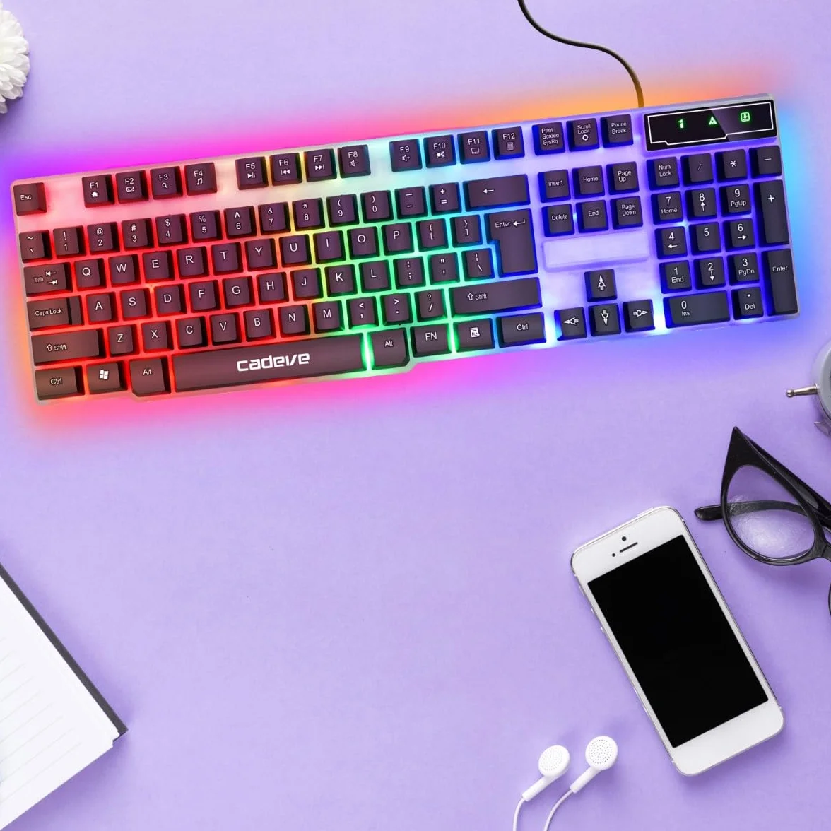 Retoo Klawiatura gamingowa z dynamiczną diodą RGB LED, trwała i ergonomiczna membrana QWERTY do komputera, precyzyjne i słyszalne przyciski multimedialne, do gier, 43,5 x 14,5 x 2,5 cm