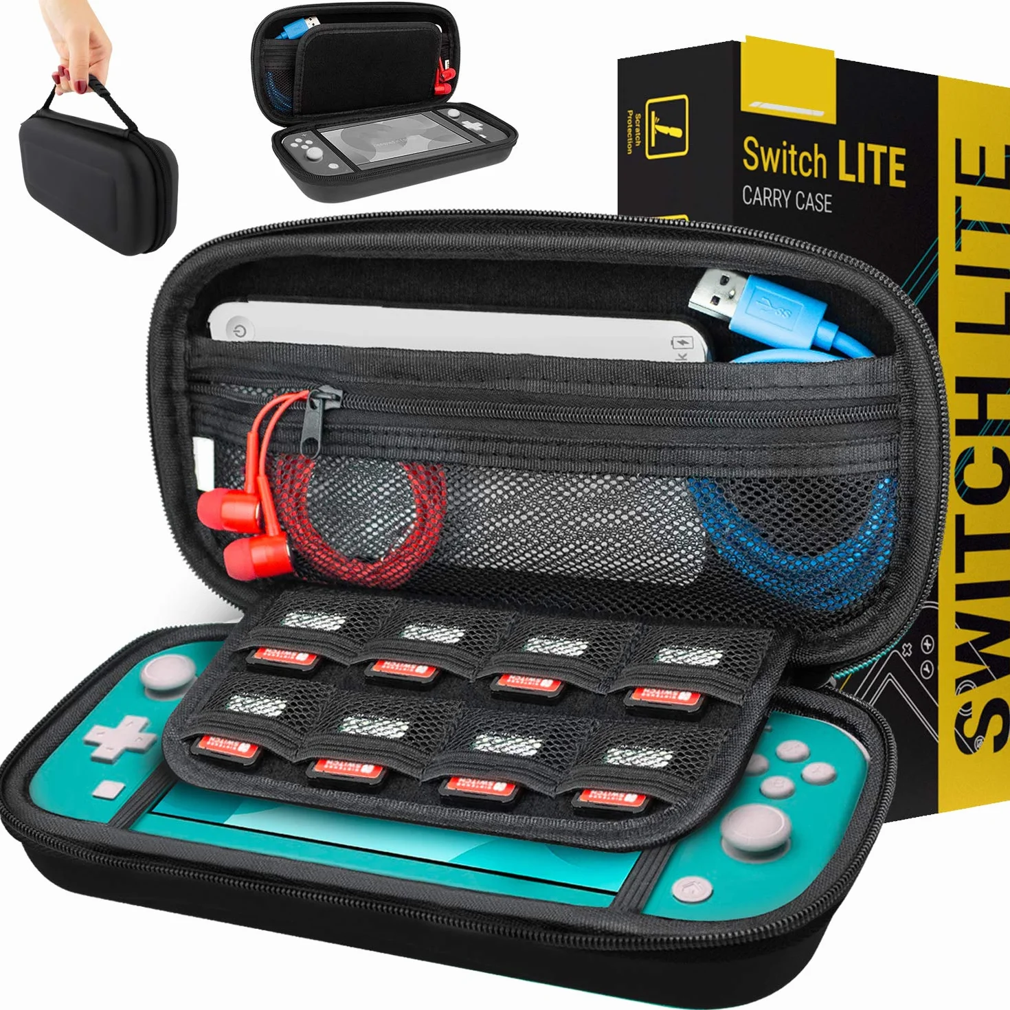 Orzly Torba do przenoszenia Nintendo Switch Lite (model 2019), twarda obudowa, przenośna torba podróżna z miejscem do przechowywania akcesoriów i nabojów do gier, czarny