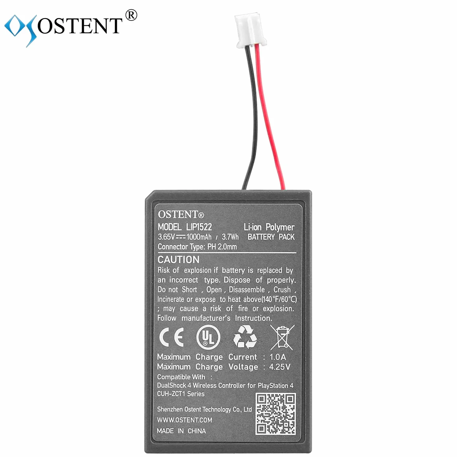 OSTENT 1000 mAh 3,65 V 3,7Wh Akumulator litowo-jonowy do Sony PS4 Oryginalny CUH-ZCT1 Dual Shock Bezprzewodowy gamepad Bluetooth Pierwsza generacja Starsza wersja Duże złącze