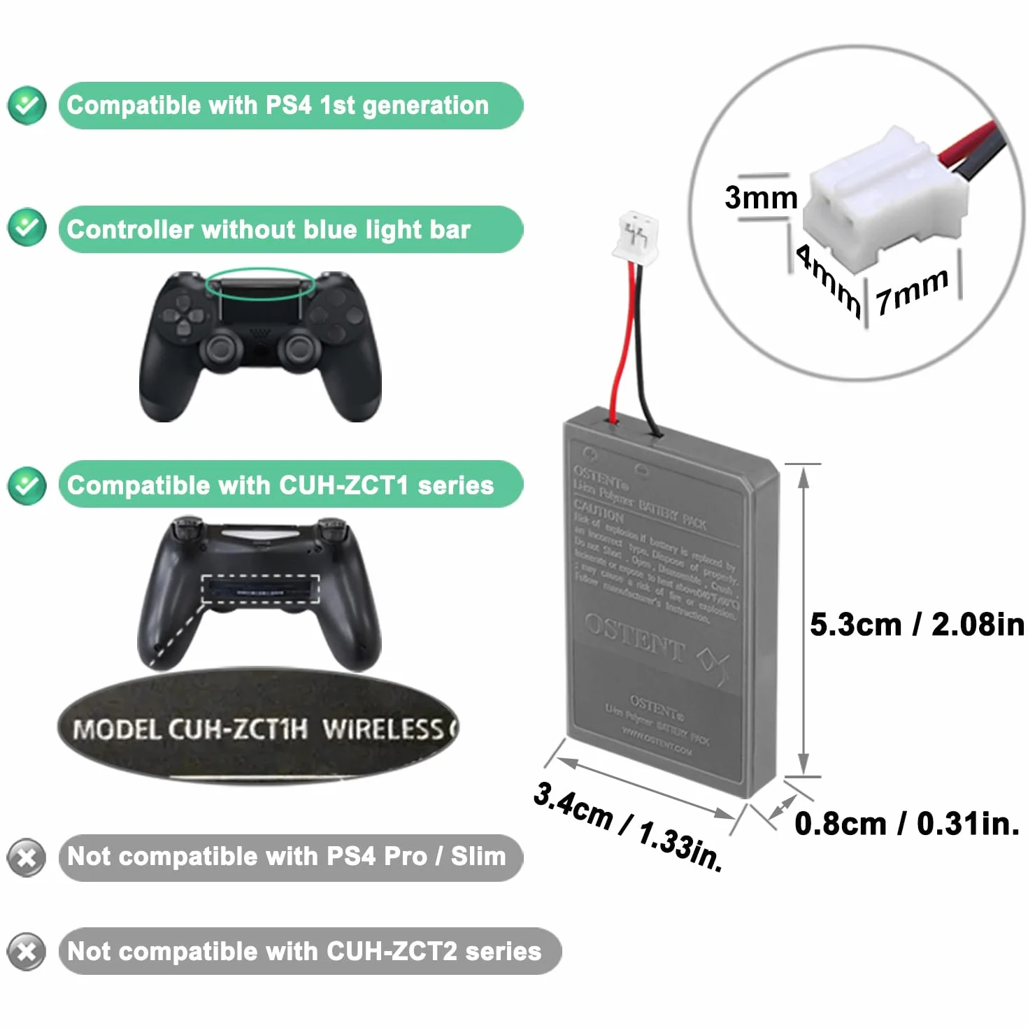 OSTENT 1000 mAh 3,65 V 3,7Wh Akumulator litowo-jonowy do Sony PS4 Oryginalny CUH-ZCT1 Dual Shock Bezprzewodowy gamepad Bluetooth Pierwsza generacja Starsza wersja Duże złącze