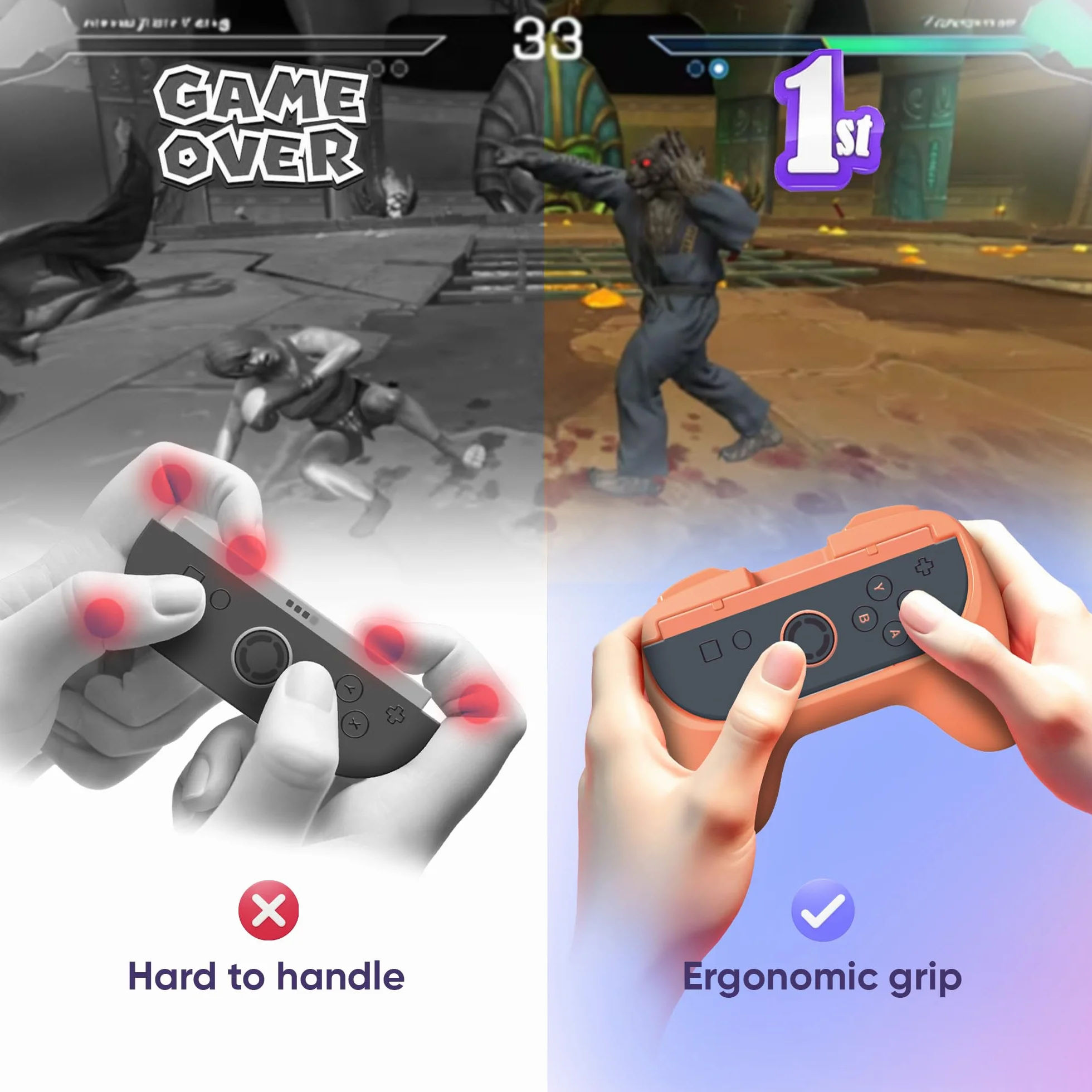 Oniverse Zestaw uchwytów kompatybilny z Nintendo Switch 2 – Zestaw 2 wygodnych gripów do Joy-Con, Akcesoria do Switch 2, ergonomiczne uchwyty, Pomarańczowy i Niebieski
