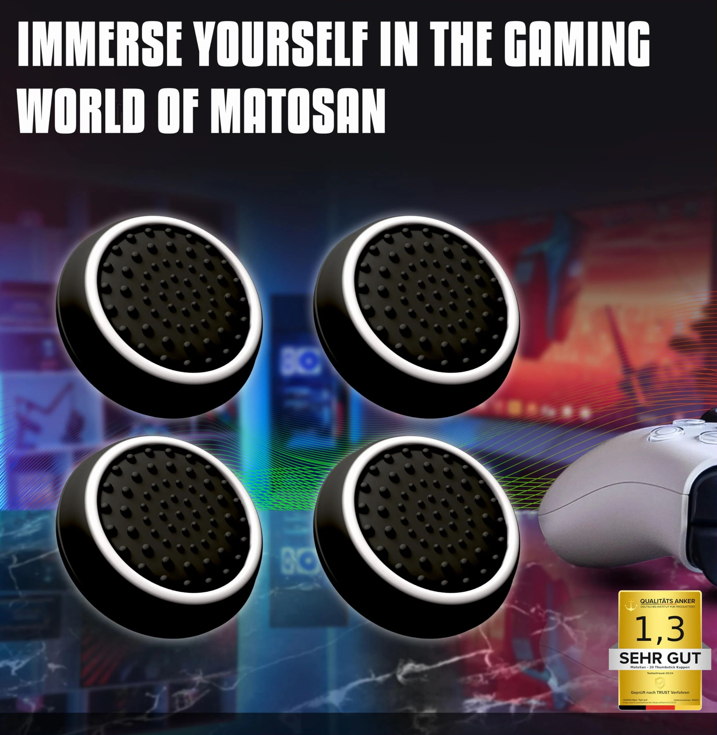 MatoSan® Zestaw 4 Nakładek na Drążki Analogowe – Kompatybilne z PS5 – Antypoślizgowe Nakładki na Thumbstick – Akcesoria Gamingowe do Kontrolerów