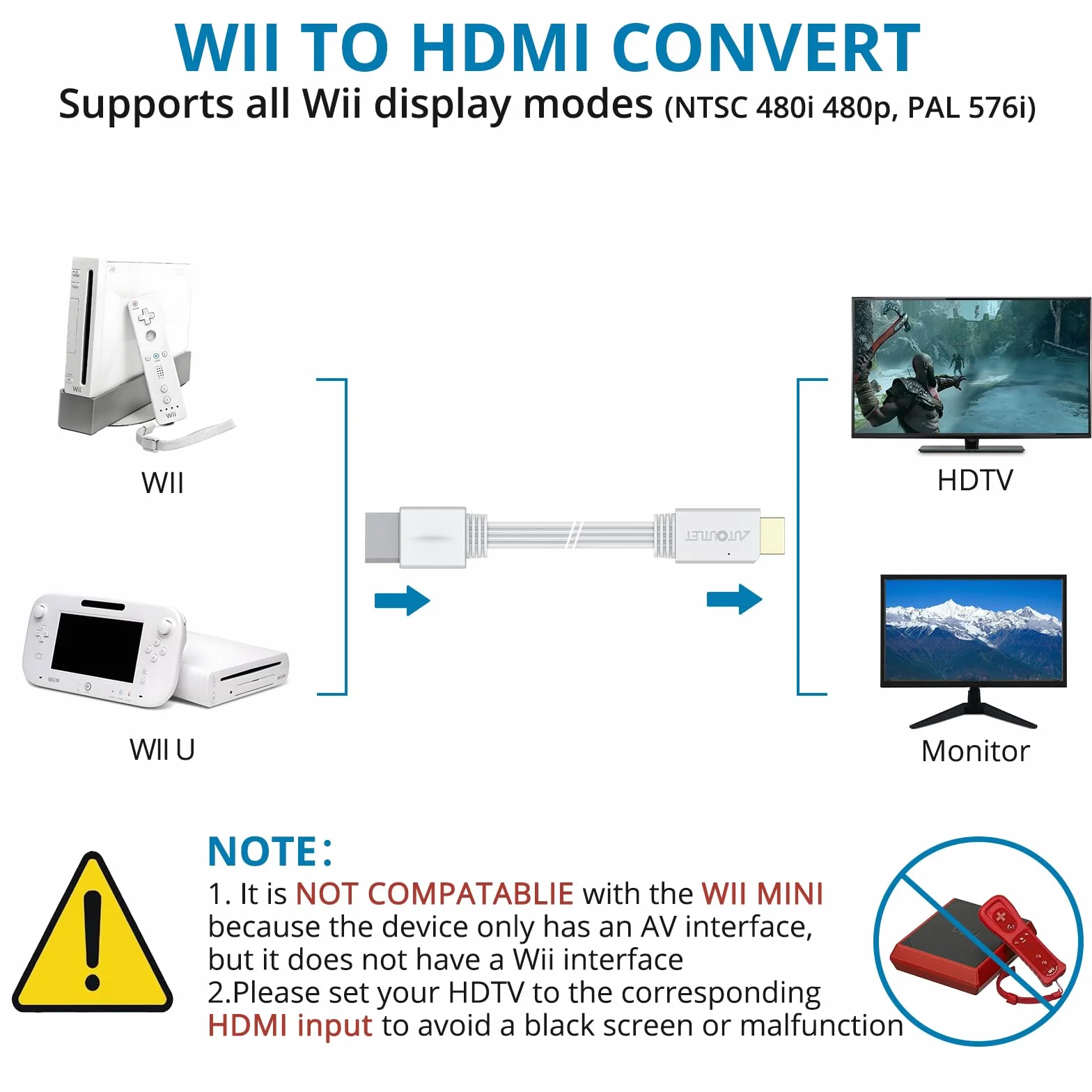 AUTOUTLET Adapter Wii do HDMI, 1080P/720P Konwerter Wii na HDMI, długość kabla 150 cm, obsługuje wszystkie tryby wyświetlania Wii, do telewizora HD i monitora, kolor biały