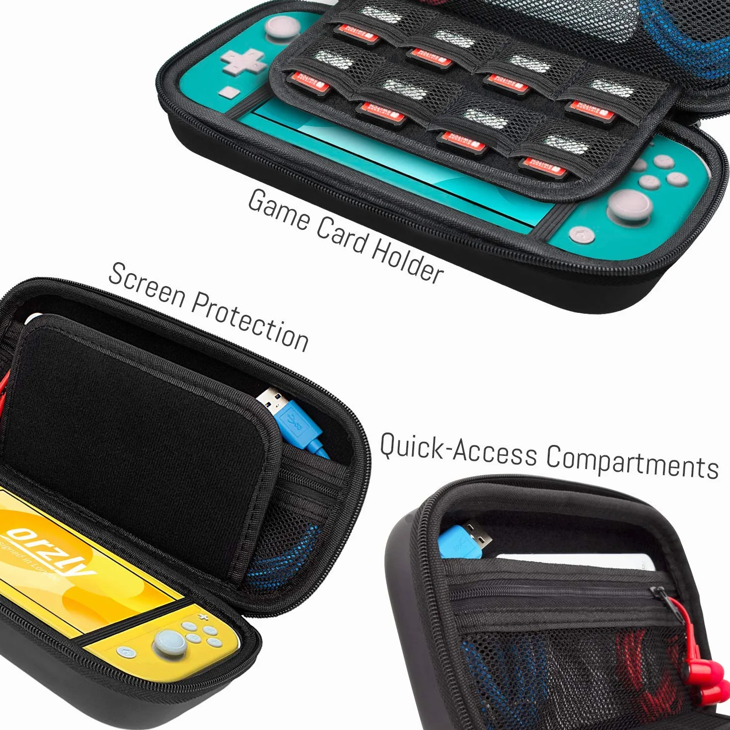 Orzly Torba do przenoszenia Nintendo Switch Lite (model 2019), twarda obudowa, przenośna torba podróżna z miejscem do przechowywania akcesoriów i nabojów do gier, czarny