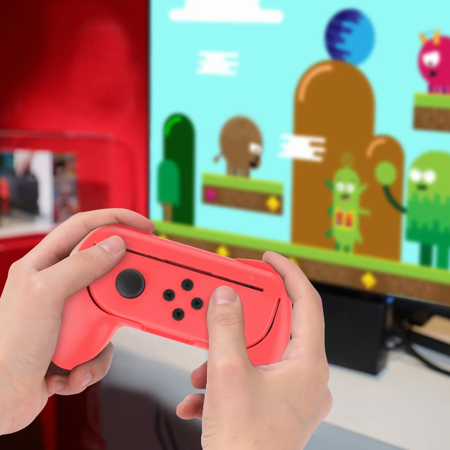 MoKo 2 szt. uchwyt kompatybilny z przełącznikiem Nintendo, zestaw kontrolerów ABS do kontrolera Joy-Con wygodny kontroler redukujący zmęczenie do przełączania Joy-Con - czerwony niebieski