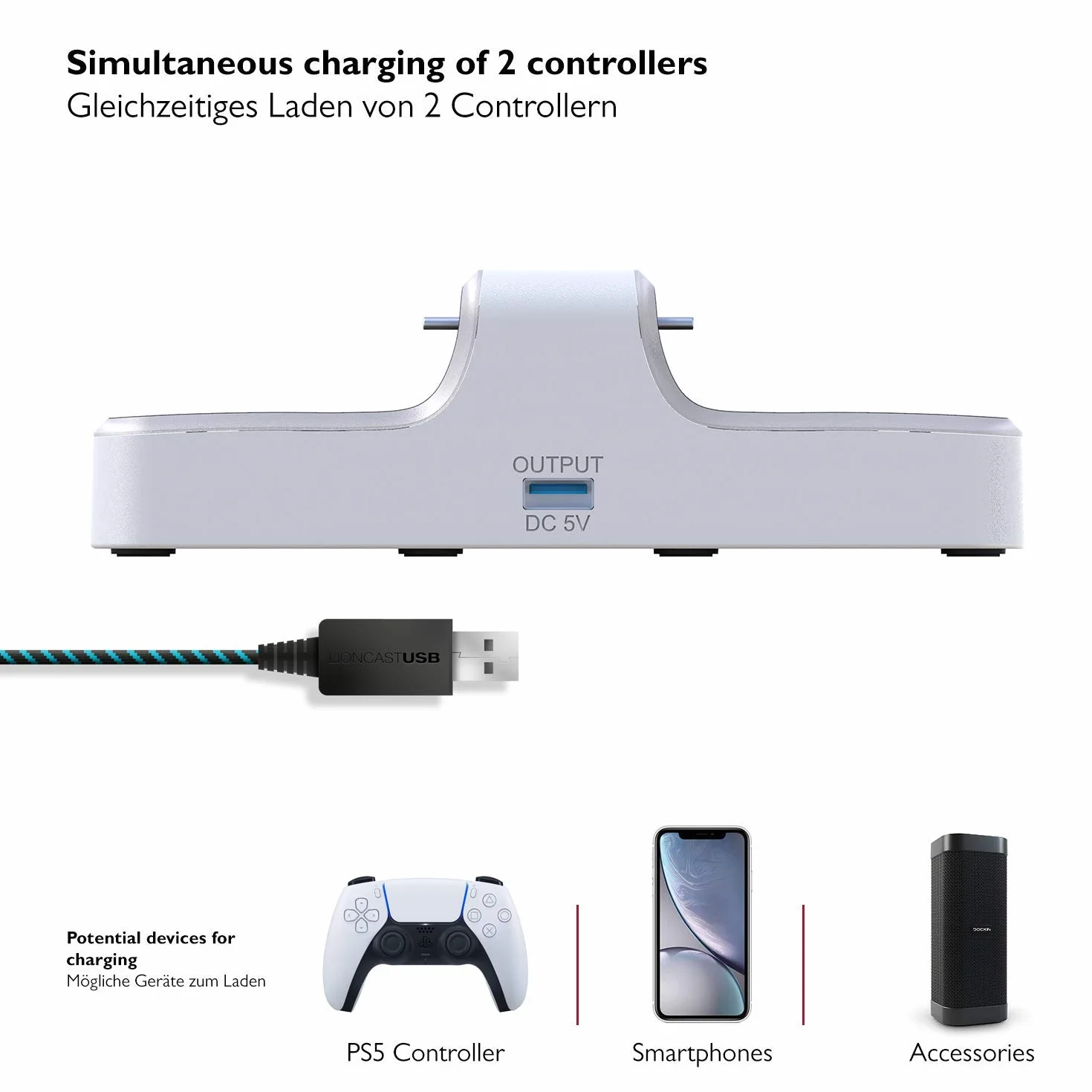 Stacja ładująca Lioncast PS5 z wyświetlaczem LED | PS5 Kontroler ładowarka do oryginalnej konsoli Sony PlayStation 5 | Akcesoria PS 5 | Bezprzewodowy kontroler DualSense