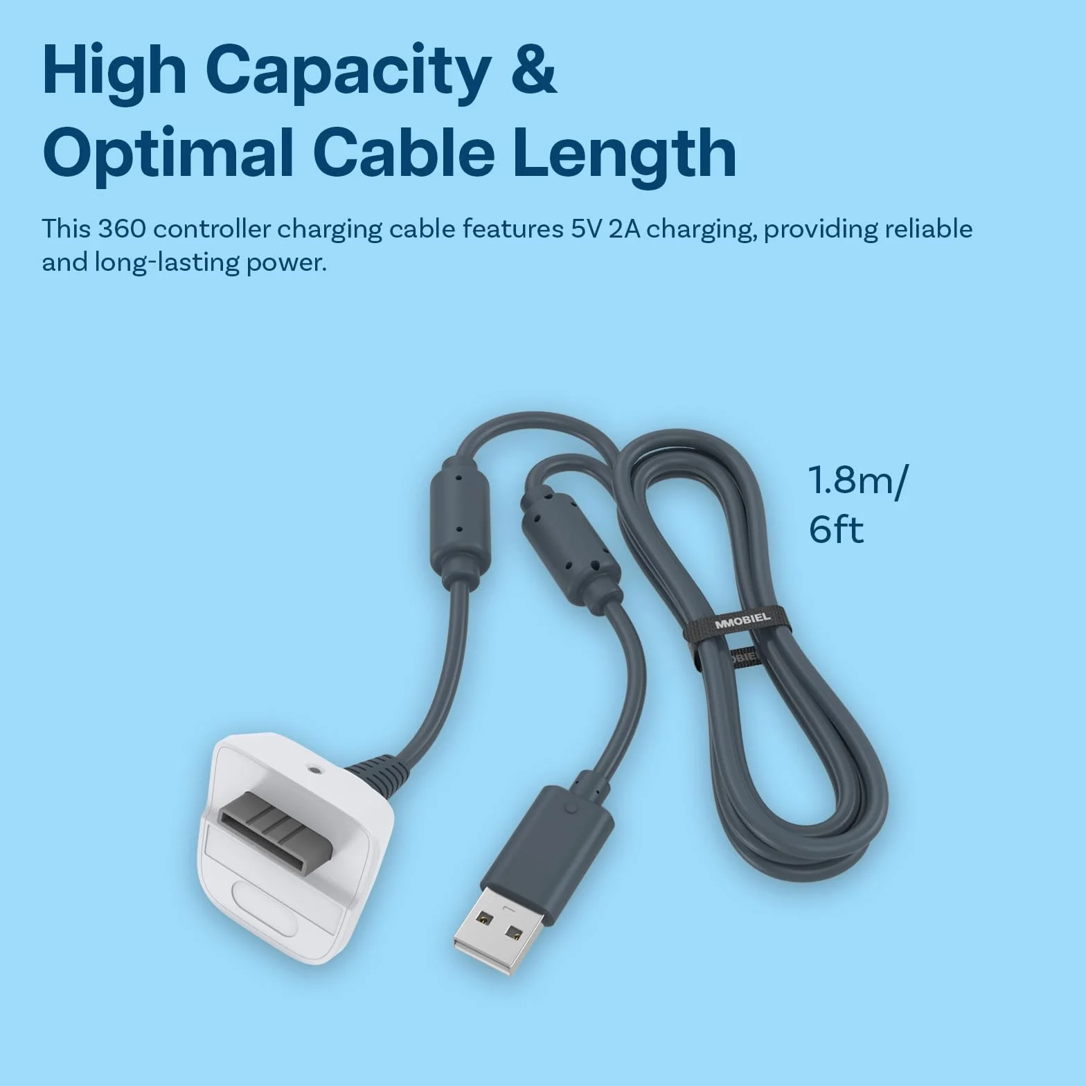 Kabel Ładowarki USB do XBOX 360/360 Slim Wireless Controller firmy MMOBIEL - 1,8m Kabel Zamienny do Kontrolera Bezprzewodowego - Kabel do Kontroler do Gier, Adapter do Konsoli - Biały
