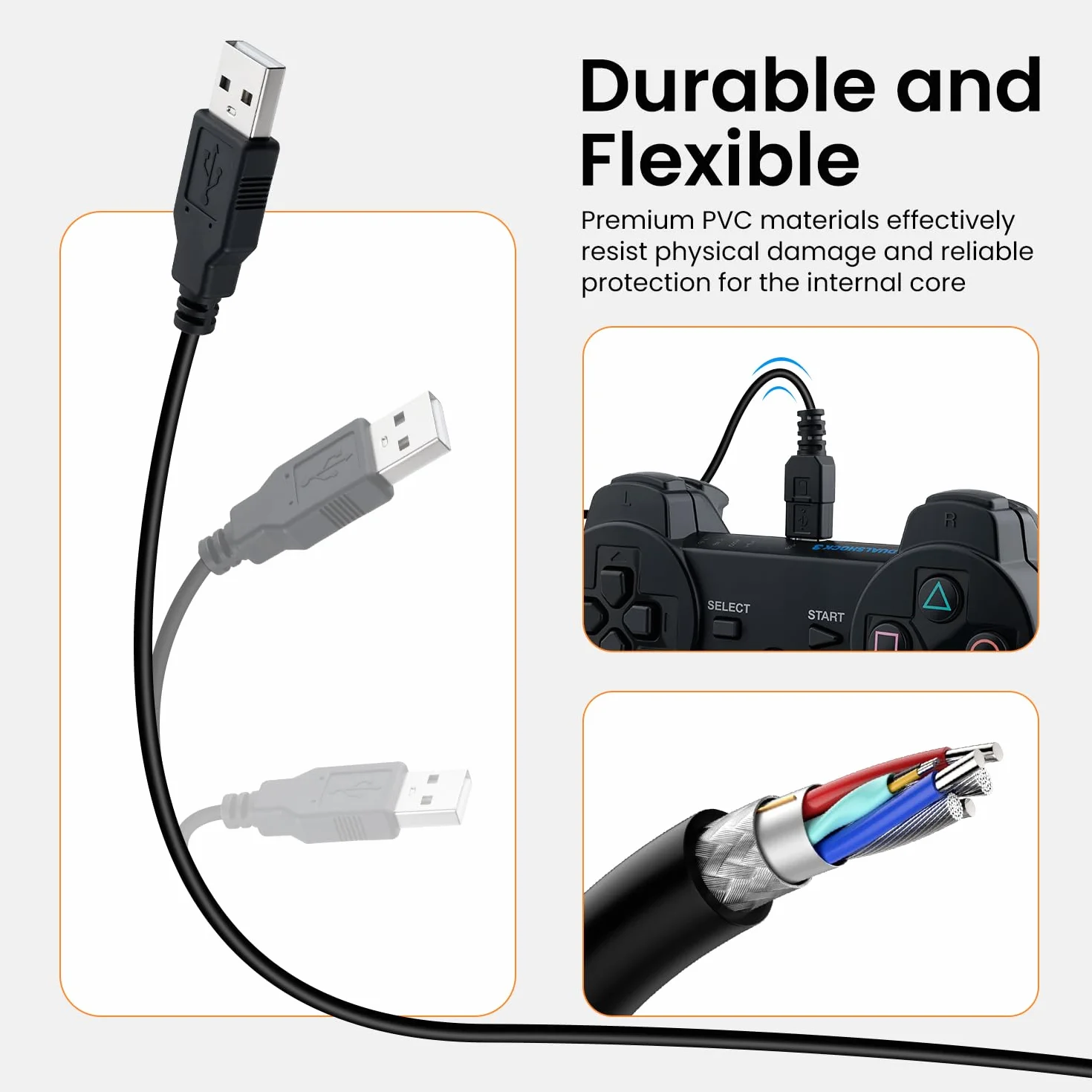 PS3 kabel do ładowania (3 m, 2 szt.), wtyczka typu A na mini kabel USB do ładowania, kompatybilny z kontrolerem Sony PS3 / PS3 Slim/Dualshock 3, Hero 3+, aparat cyfrowy, kamera na deskę rozdzielczą