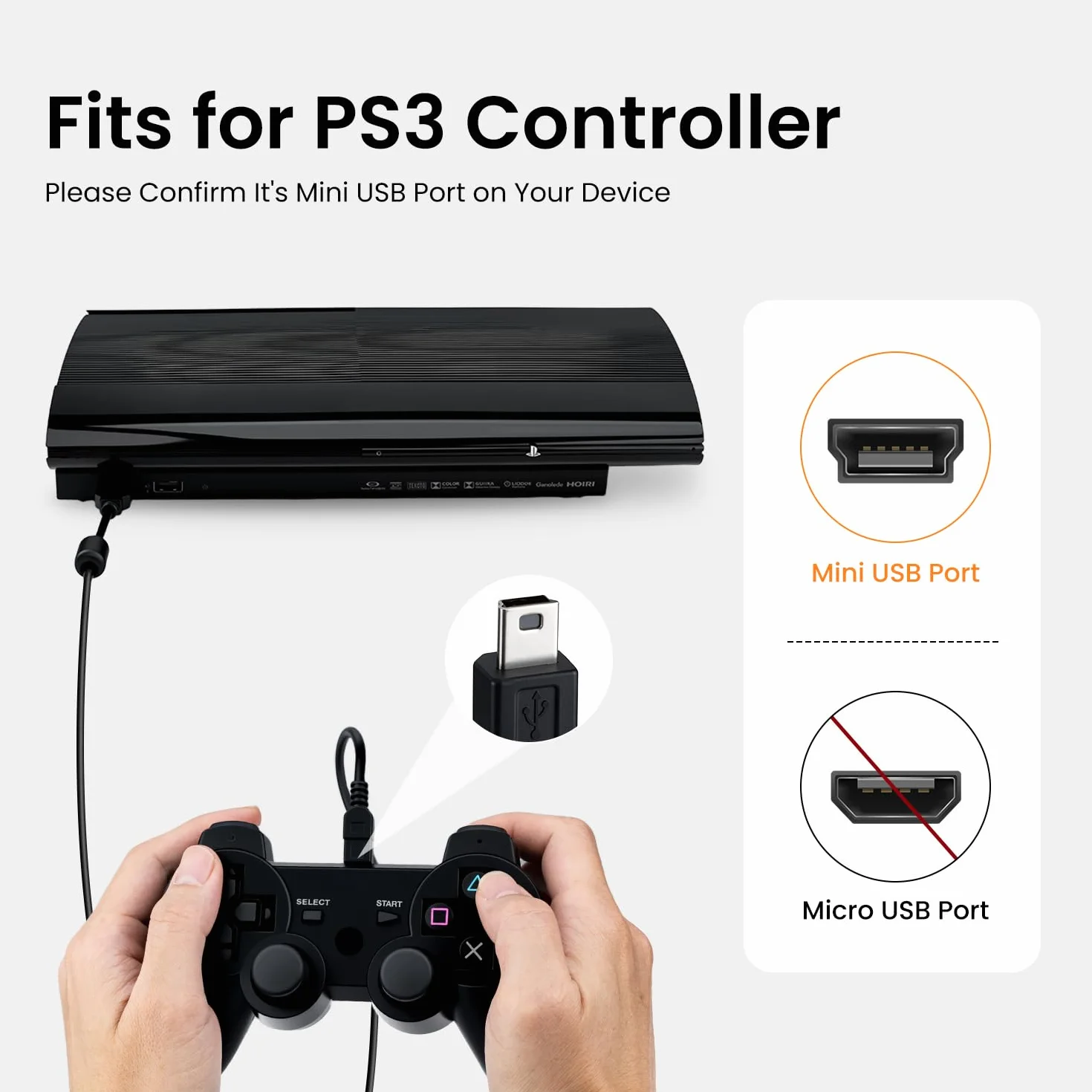 PS3 kabel do ładowania (3 m, 2 szt.), wtyczka typu A na mini kabel USB do ładowania, kompatybilny z kontrolerem Sony PS3 / PS3 Slim/Dualshock 3, Hero 3+, aparat cyfrowy, kamera na deskę rozdzielczą