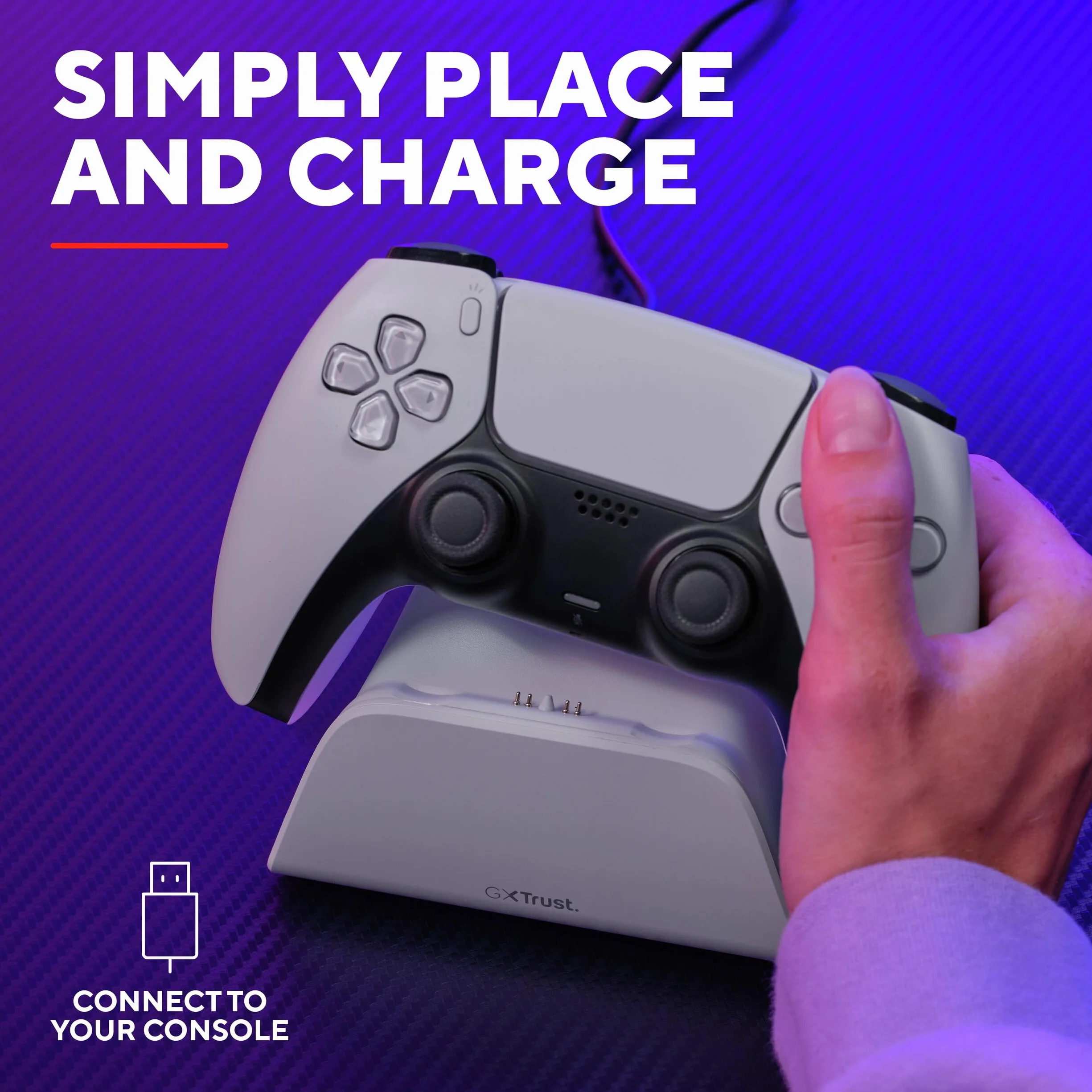 Trust GXT 255W PS5 stacja ładująca do kontrolera Dualsense, Playstation 5 LED z designerskim miejscem, szybkie ładowanie, antypoślizgowa podkładka, w zestawie kabel USB-C C, akcesoria PS5, biała