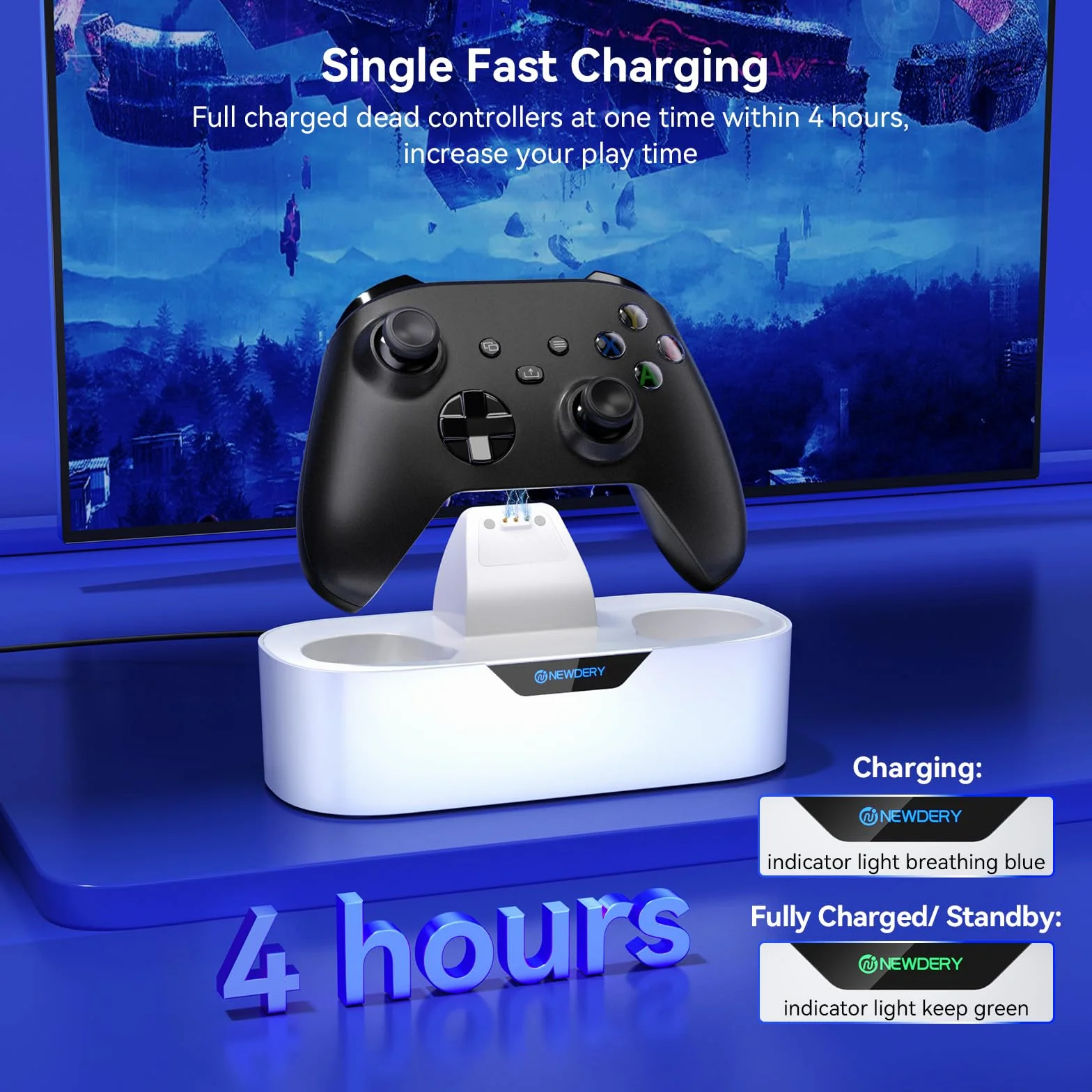 NEWDERY Pojedyncza stacja ładująca do kontrolera bezprzewodowego Xbox, pojemność akumulatora 5280 mAh, 4H szybkiego ładowania, funkcja przechowywania w domu, pasuje do kontrolera Xbox One/Series X|S