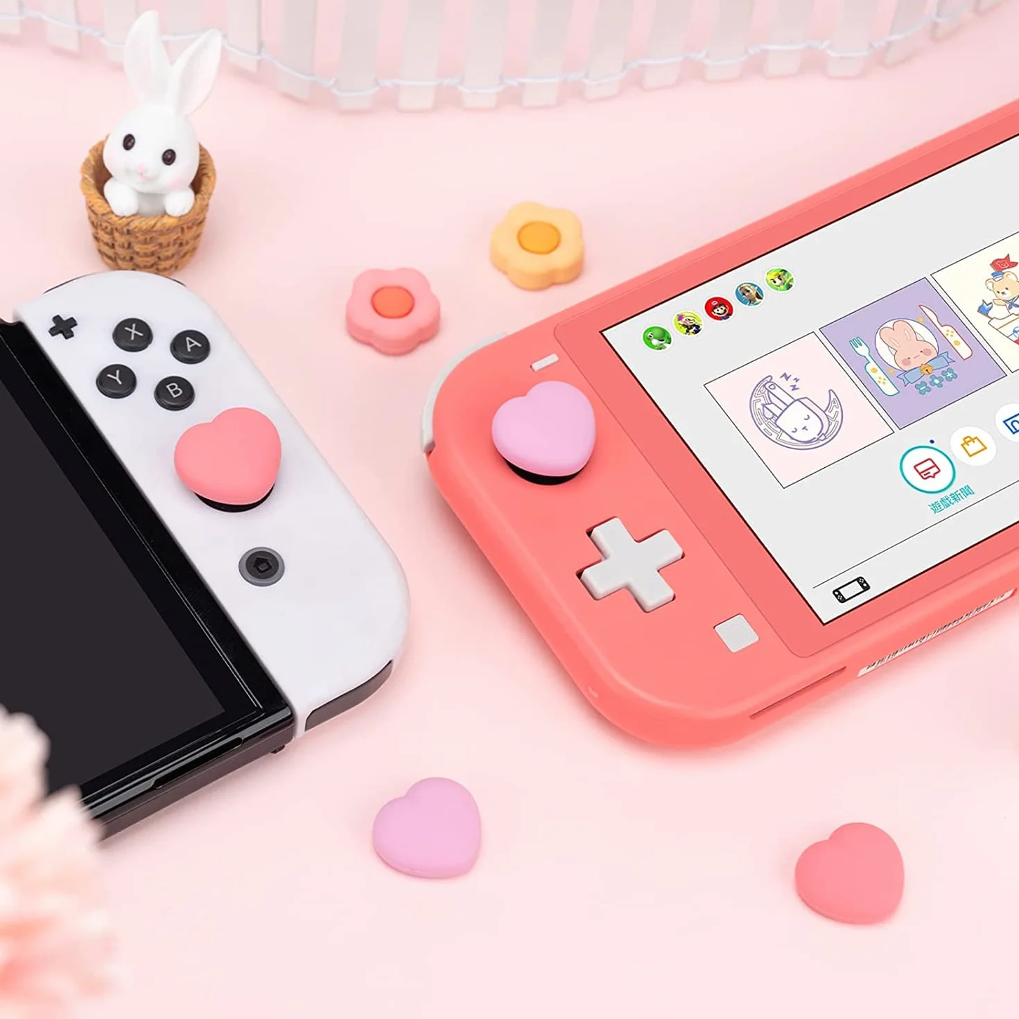 GeekShare Silikonowe nakładki na kciuki Joystick, osłona joysticka kompatybilna z Switch/OLED/Switch Lite, 4 szt. - serce i kwiat (różowy i żółty)