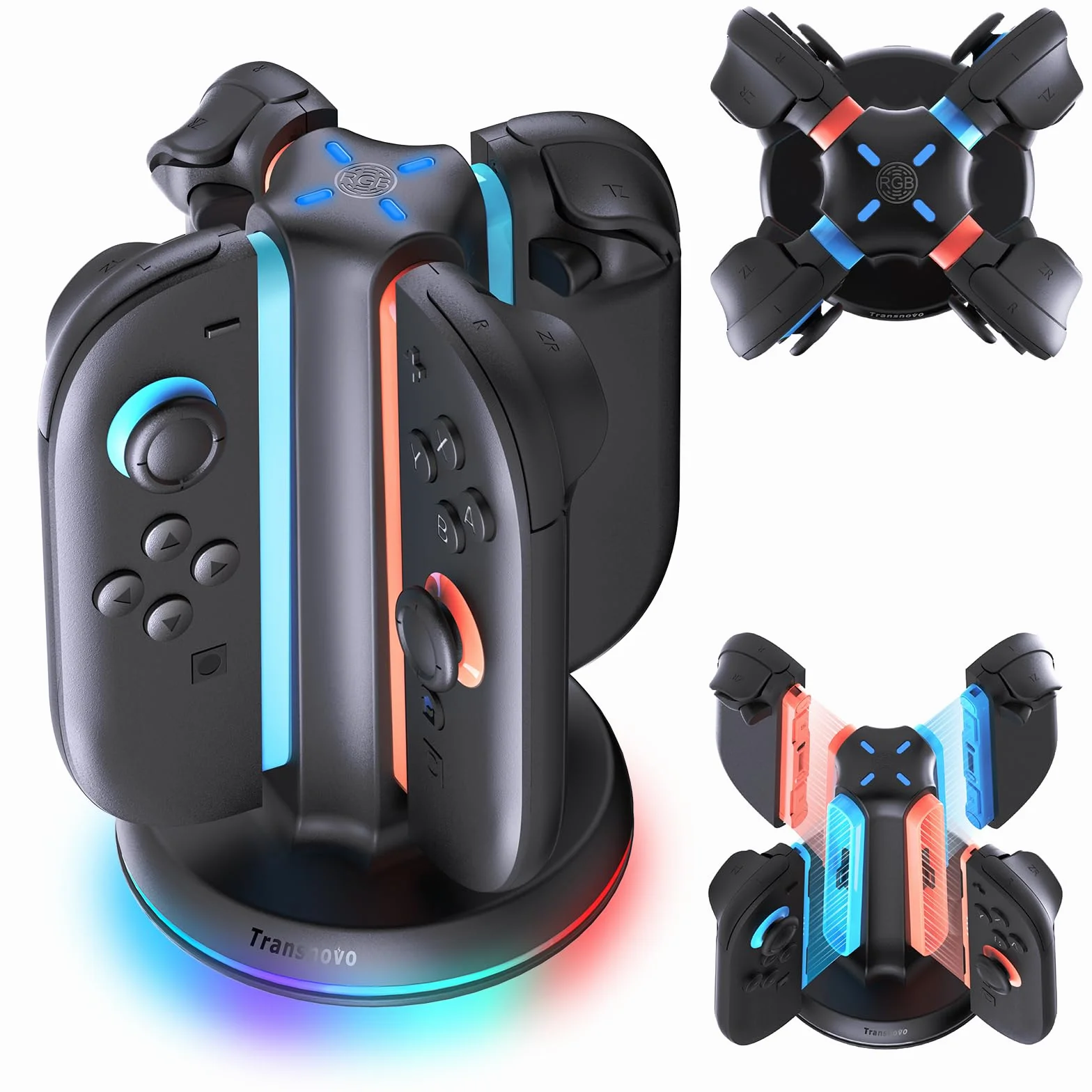 TRANSNOVO Stacja ładująca kompatybilna z Nintendo Switch 2, 4-gniazdowa magnetyczna szybka ładowarka do przełącznika 2 kontrolerów Joycon, bezkierunkowe wkładanie, 9 trybów RGB LED, kabel USB-C w