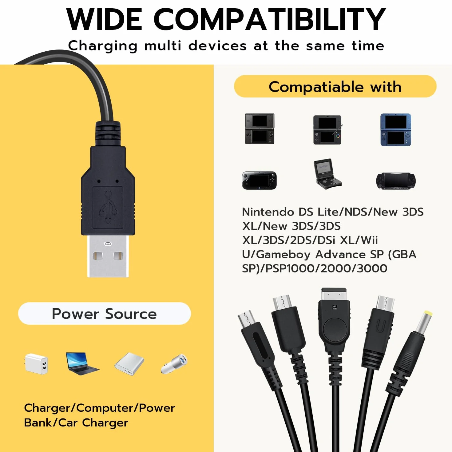 Mcbazel 5 w 1 USB kabel ładujący dla Nintendo DS Lite/NDS/New 3DS XL/New 3DS/3DS XL/3DS/2DS/DSi XL/Wii U/GBA SP/PSP 1000/2000/3000