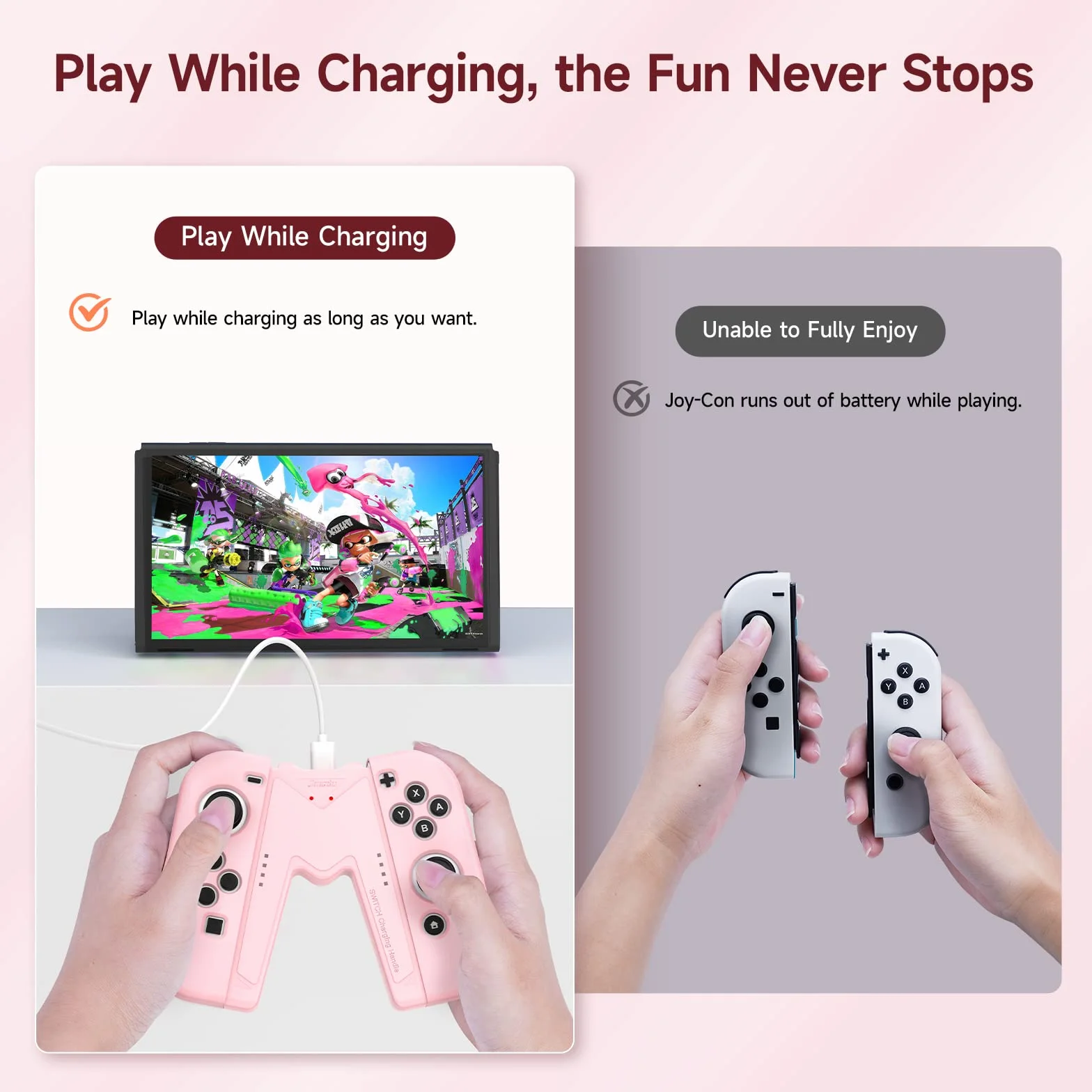 JINGDU Joy Con uchwyt do ładowania Nintendo Switch/OLED, wygodne ładowanie joysticka, kontroler do gier w kształcie litery V, ze wskaźnikami baterii, szybkie ładowanie podczas gry, różowy