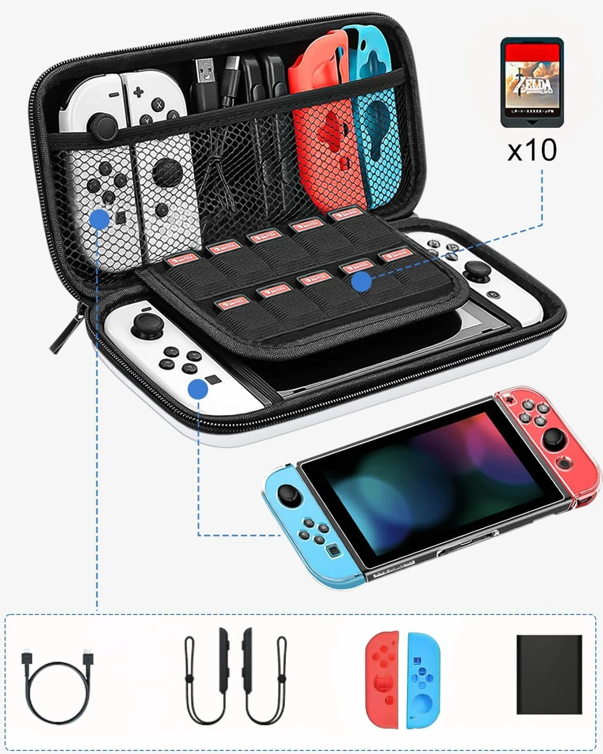 Etui do konsoli Nintendo Switch/Switch OLED Akcesoria, pokrowiec, twarda torba podróżna, pokrowiec ochronny z 10 kieszeniami na karty do gier i inne akcesoria (biały)