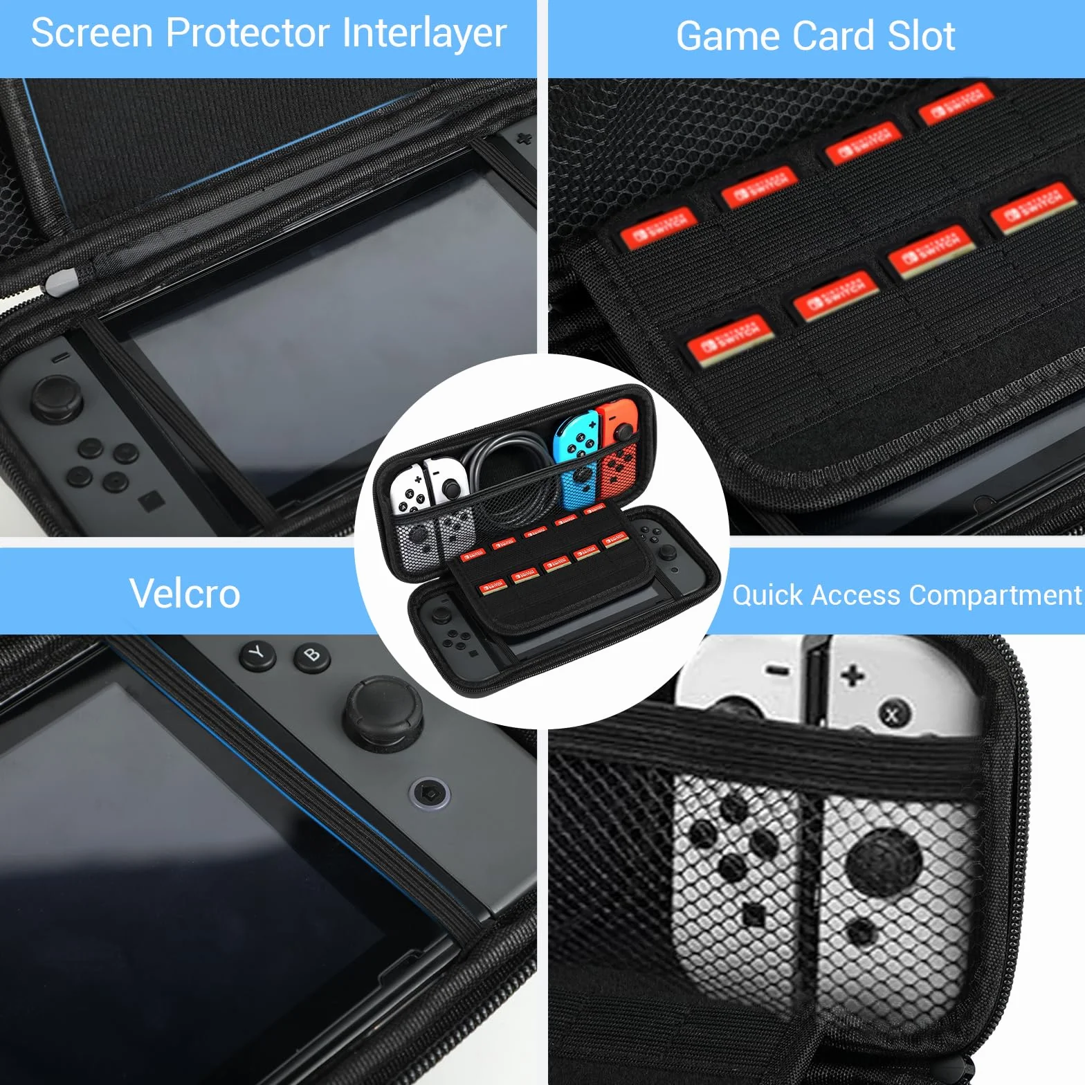 Etui na Switch - Kompatybilne z Nintendo Switch/Nintendo Switch OLED - Twarda Walizka Transportowa - Z 10 Przegródkami na Karty Gry i Dodatkową Kieszenią na Akcesoria