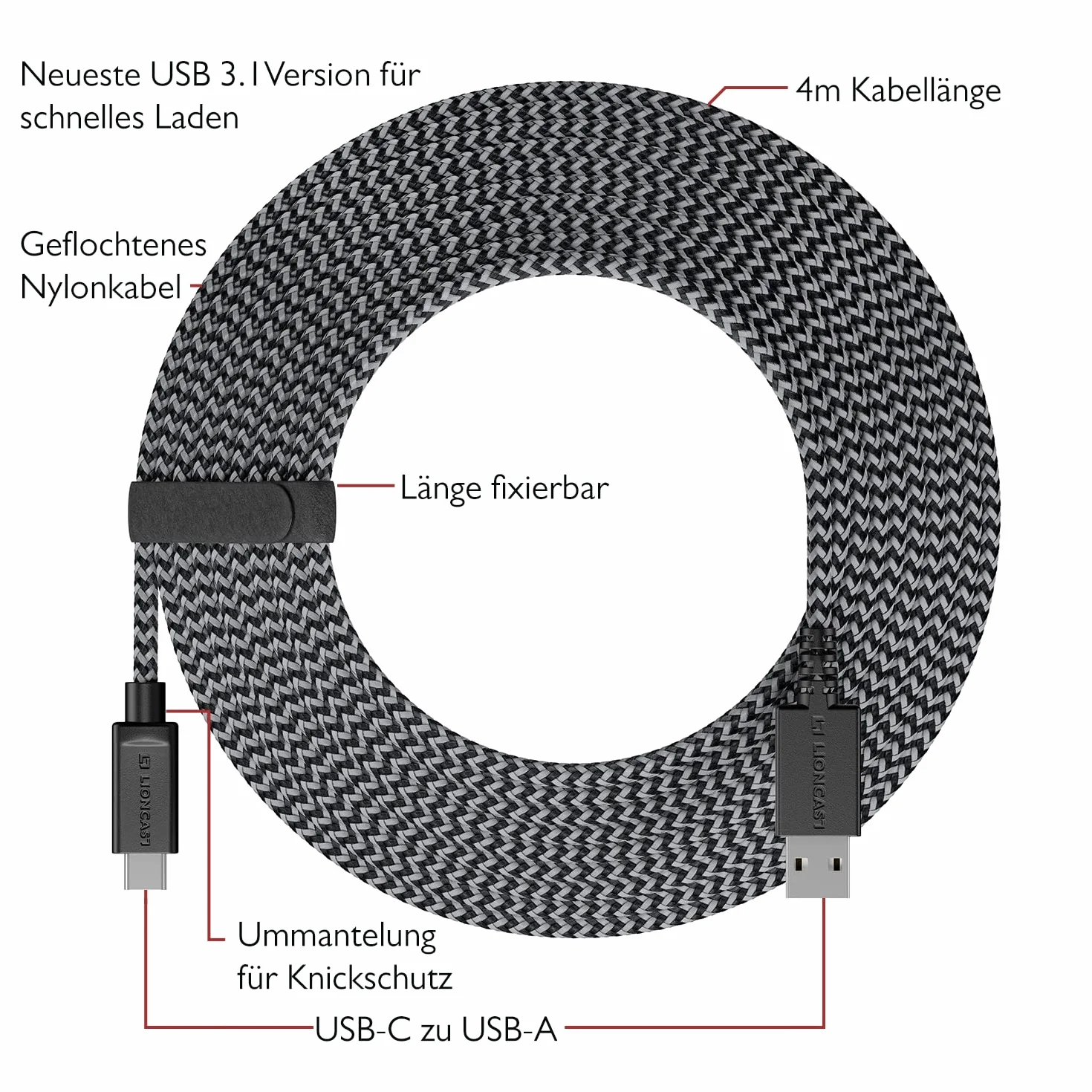 Kabel ładujący Lioncast do Xbox/PS5 4m Kabel szybkiego ładowania do Xbox Series S (XSS) /Xbox Series X (XSX) i Sony PlayStation 5, PS 5 Kabel kontrolera do kontrolera Dualsense z nylonową kurtką