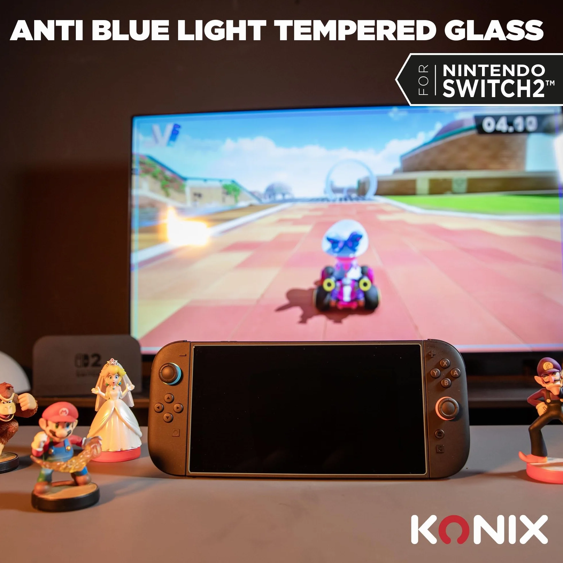 Konix Ochraniacz ekranu ze szkła hartowanego do Nintendo Switch 2 - filtr niebieskiego światła - bez pęcherzyków - twardość 9 h - 100% przezroczysty