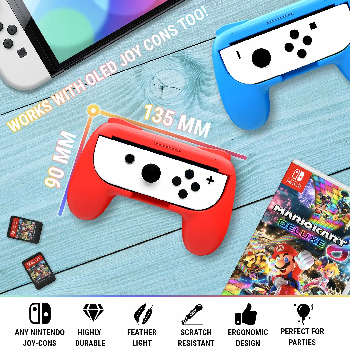 Uchwyty Orzly kompatybilne z Joy-Conami Nintendo Switch dla dodatkowego komfortu - podwójne opakowanie (1 x czerwony i 1 x niebieski)