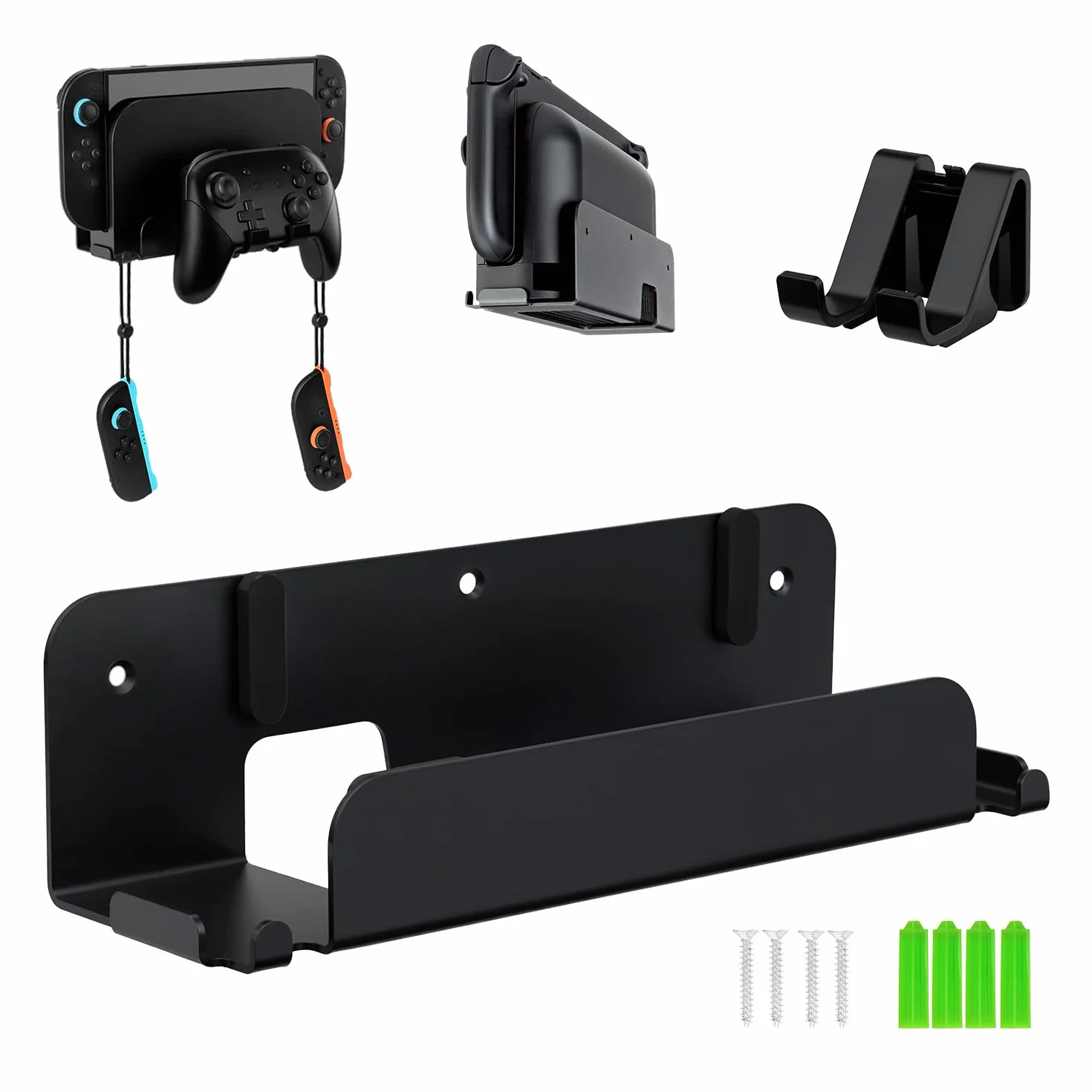 Uchwyt ścienny do przełącznika 2, kompatybilny z Switch 2, Dock, JoyCon oraz Switch Pro Controller, wytrzymały metalowy stojak, mały uchwyt z otworami wentylacyjnymi - czarny