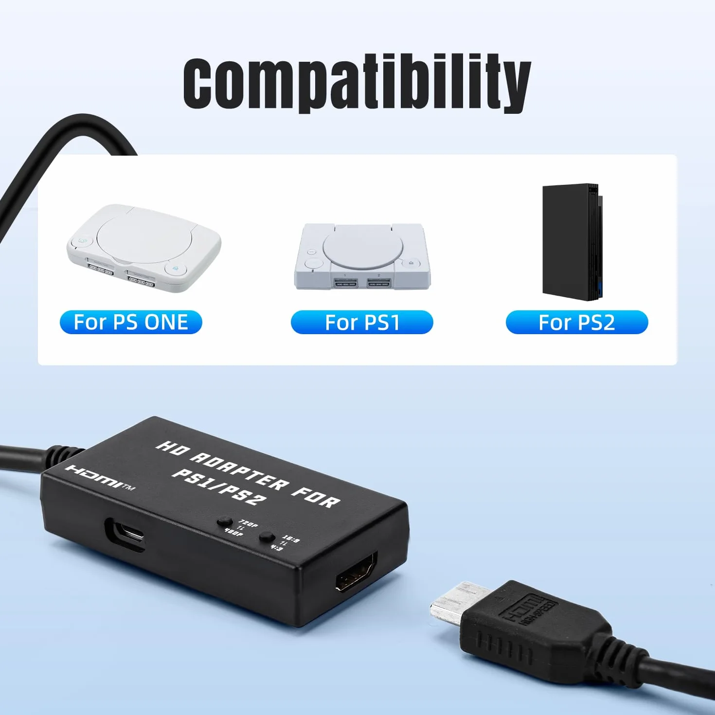 Mcbazel Adapter PS1/PS2 na HDMI, wielofunkcyjny adapter kabla HDTV HDMI do PS1/PS2/PS One