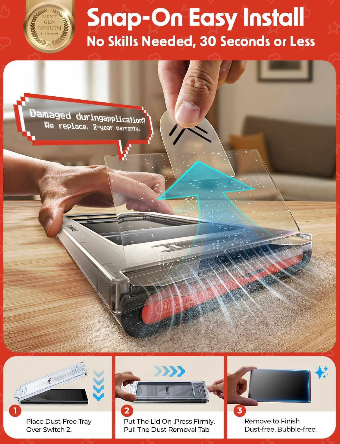LISEN 2 sztuk dla Nintendo Switch 2 Panzerglas Ochrona ekranu, 9H Twardość Anti Kratzer Ultra HD,Auto-orientacja Bez dmuchań Pełny ekran pokrycie, Łatwa instalacja Automatyczne usuwanie pyłu