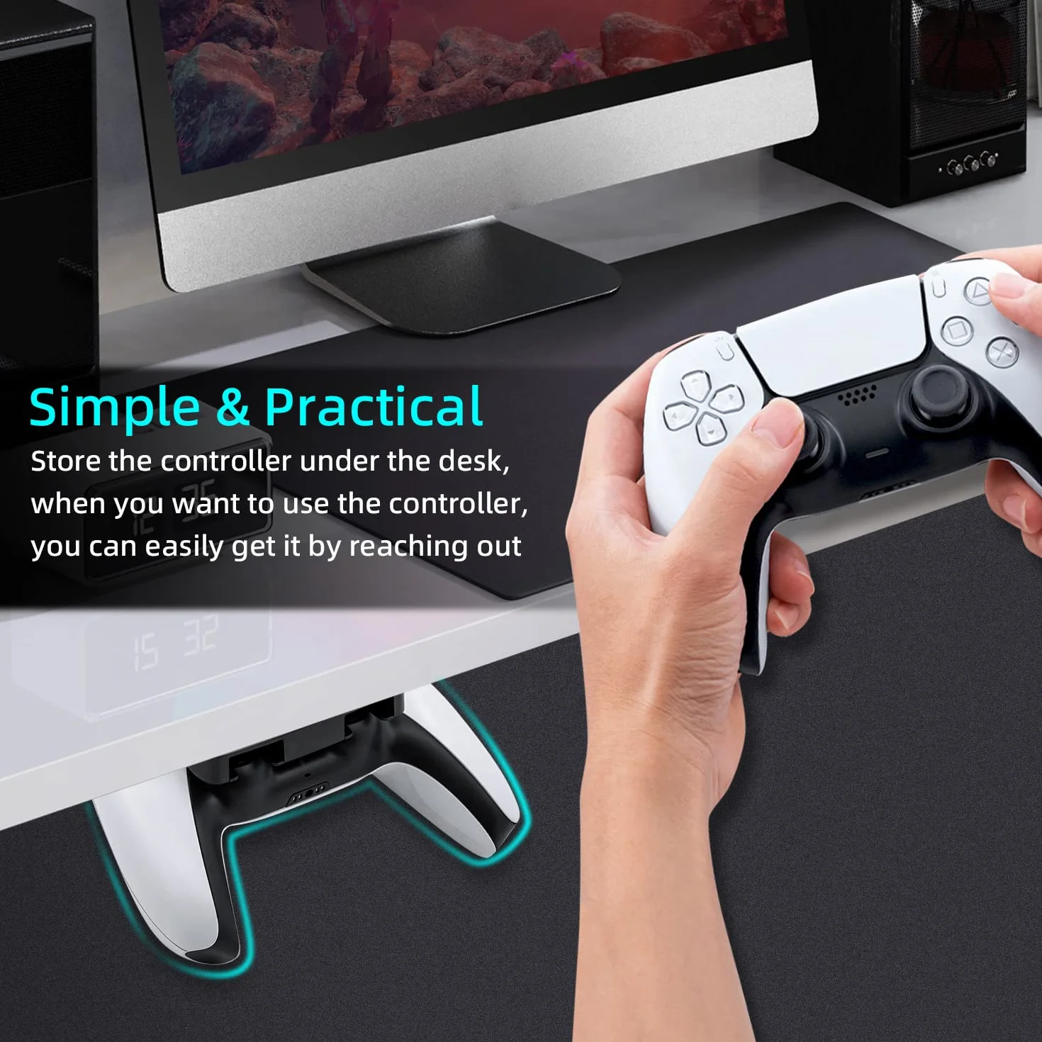 Mcbazel Uchwyt pod biurko do kontrolera PS5/PS4, uchwyt na kontroler PlayStation 5/PlayStation 4, bez wiercenia, taśma klejąca, stojak stołowy, materiał ABS, 2 sztuki (nie dla PS5 Slim/PS5 Pro)