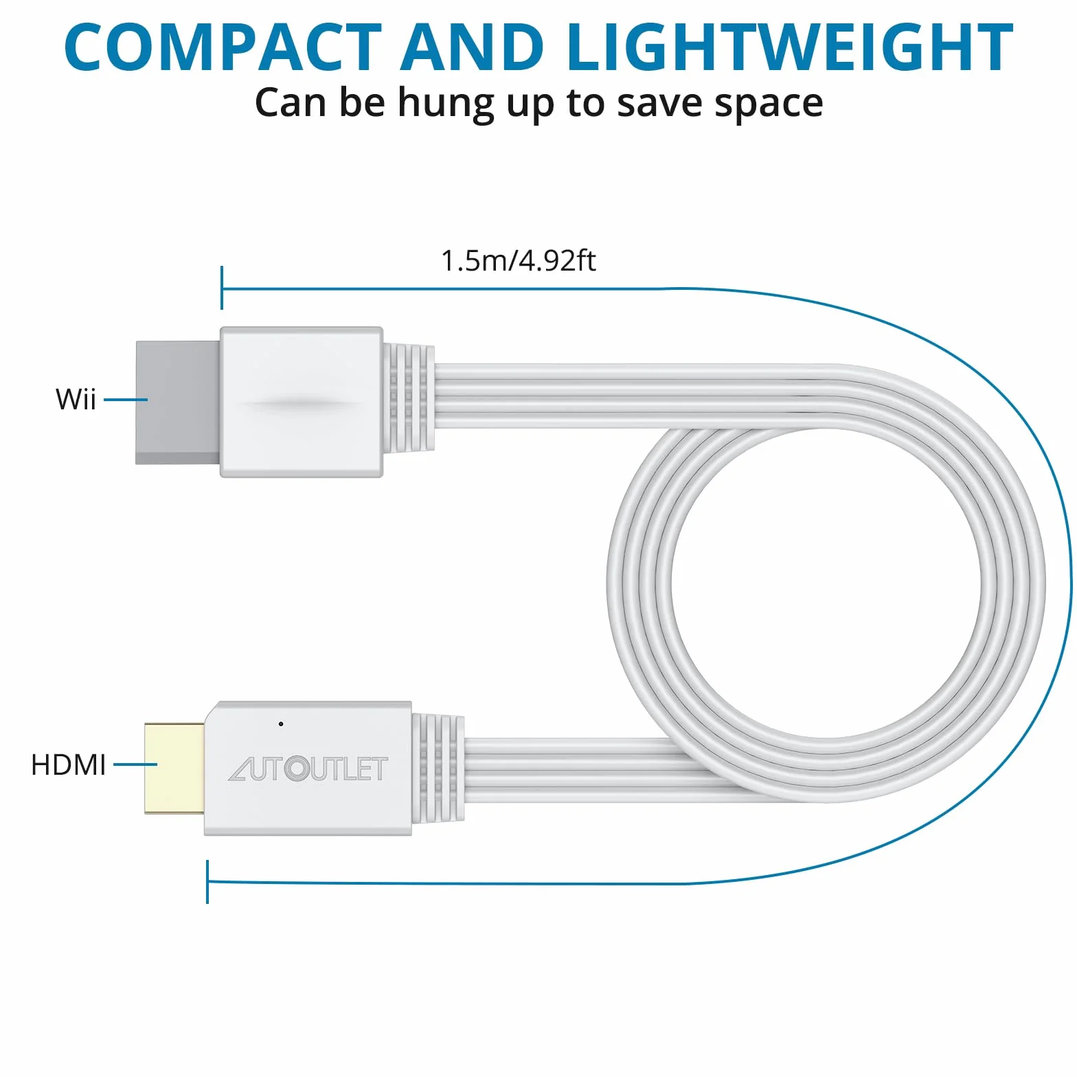 AUTOUTLET Adapter Wii do HDMI, 1080P/720P Konwerter Wii na HDMI, długość kabla 150 cm, obsługuje wszystkie tryby wyświetlania Wii, do telewizora HD i monitora, kolor biały
